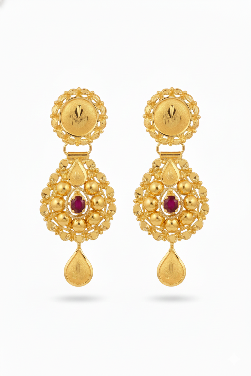22 Carat Gold Traditional Drop Earrings with Ruby Stone Center