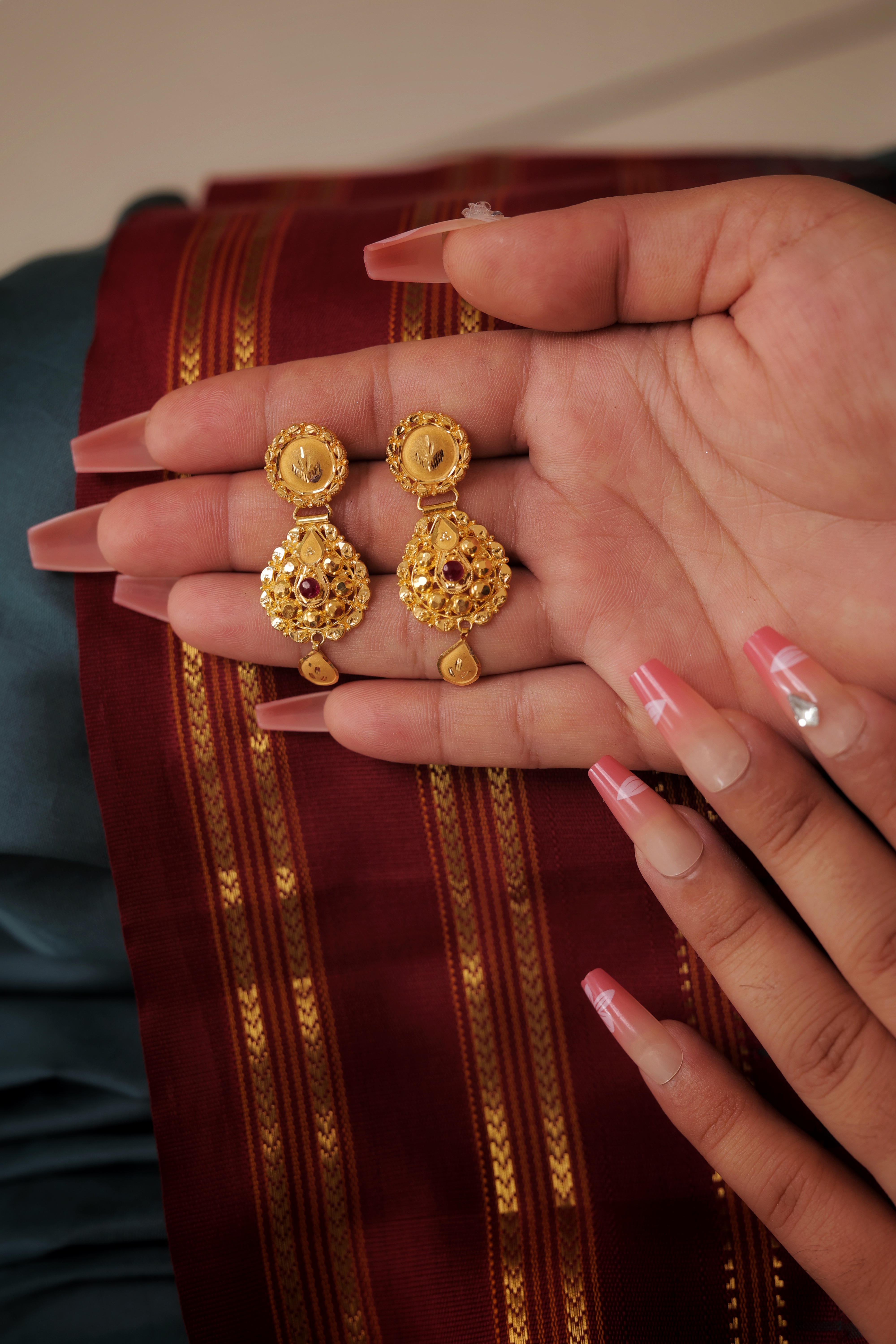 22 Carat Gold Traditional Drop Earrings with Ruby Stone Center