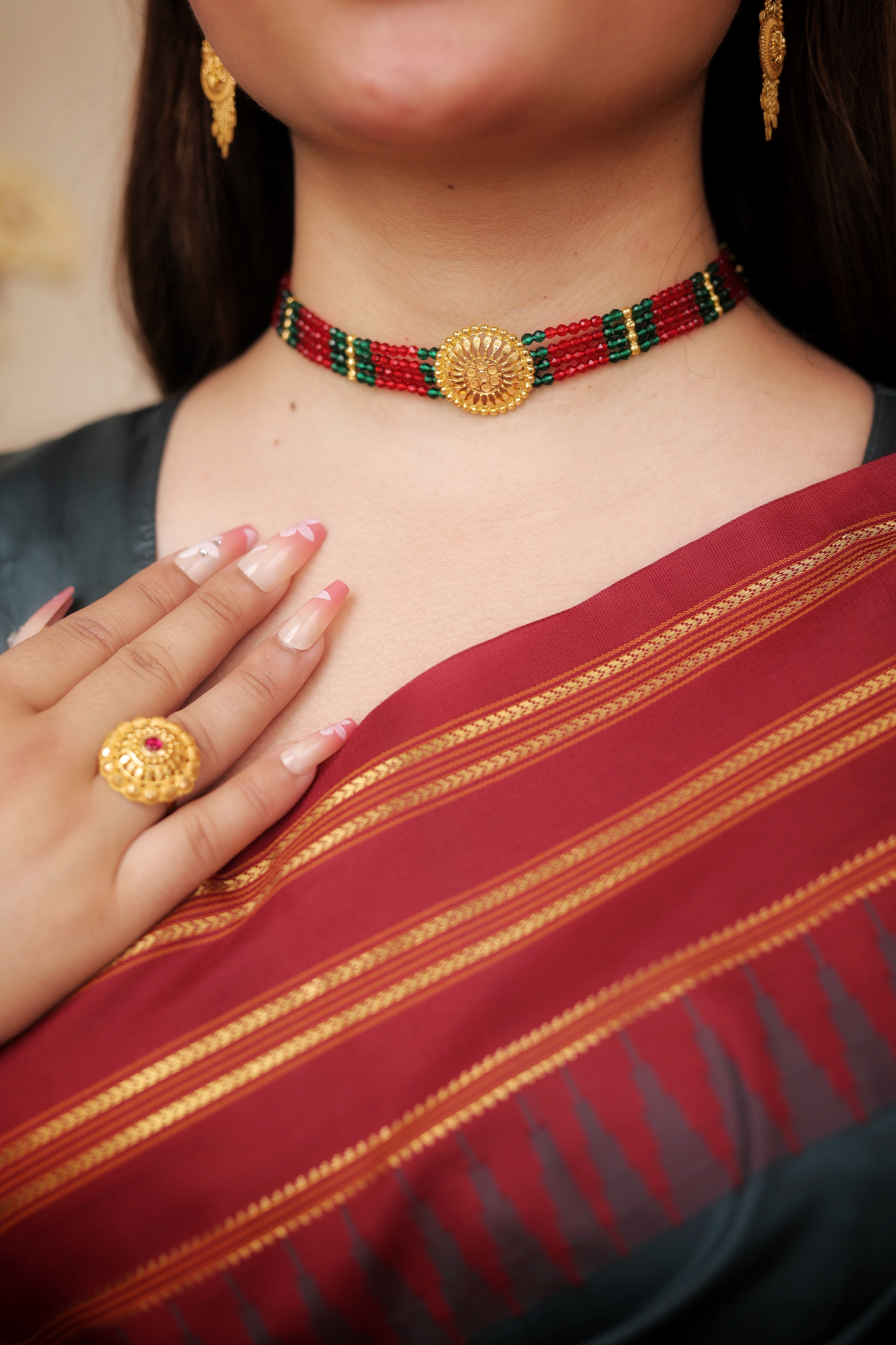 Red–Green Multi-Layer Beaded Chokhar with 22K Gold Round Motif | Traditional Rajasthani Choker | Jaishree Jewellers