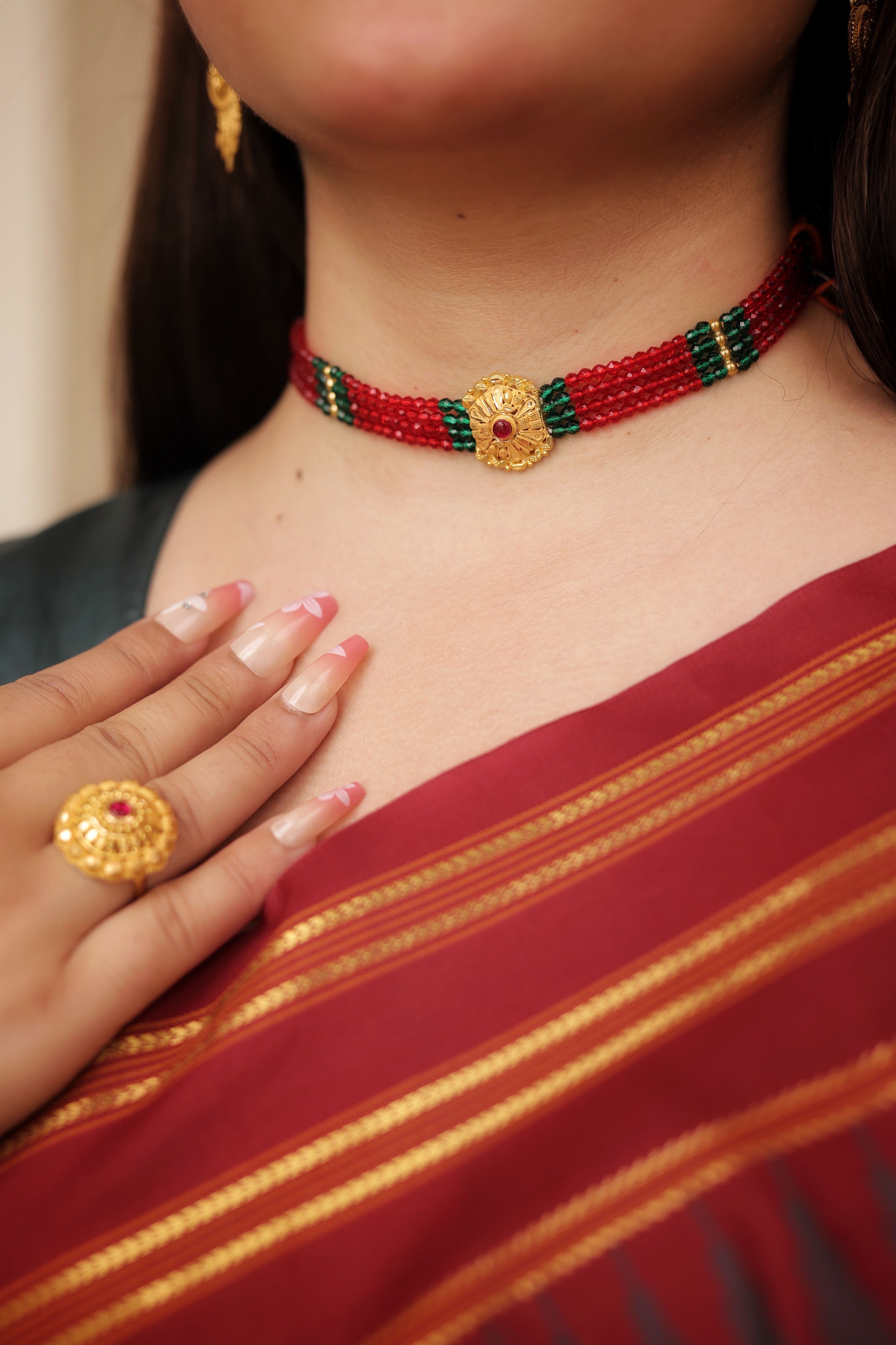 Red–Green Multi-Strand Chokhar with 22K Gold Square Motif | Traditional Beaded Choker | Jaishree Jewellers