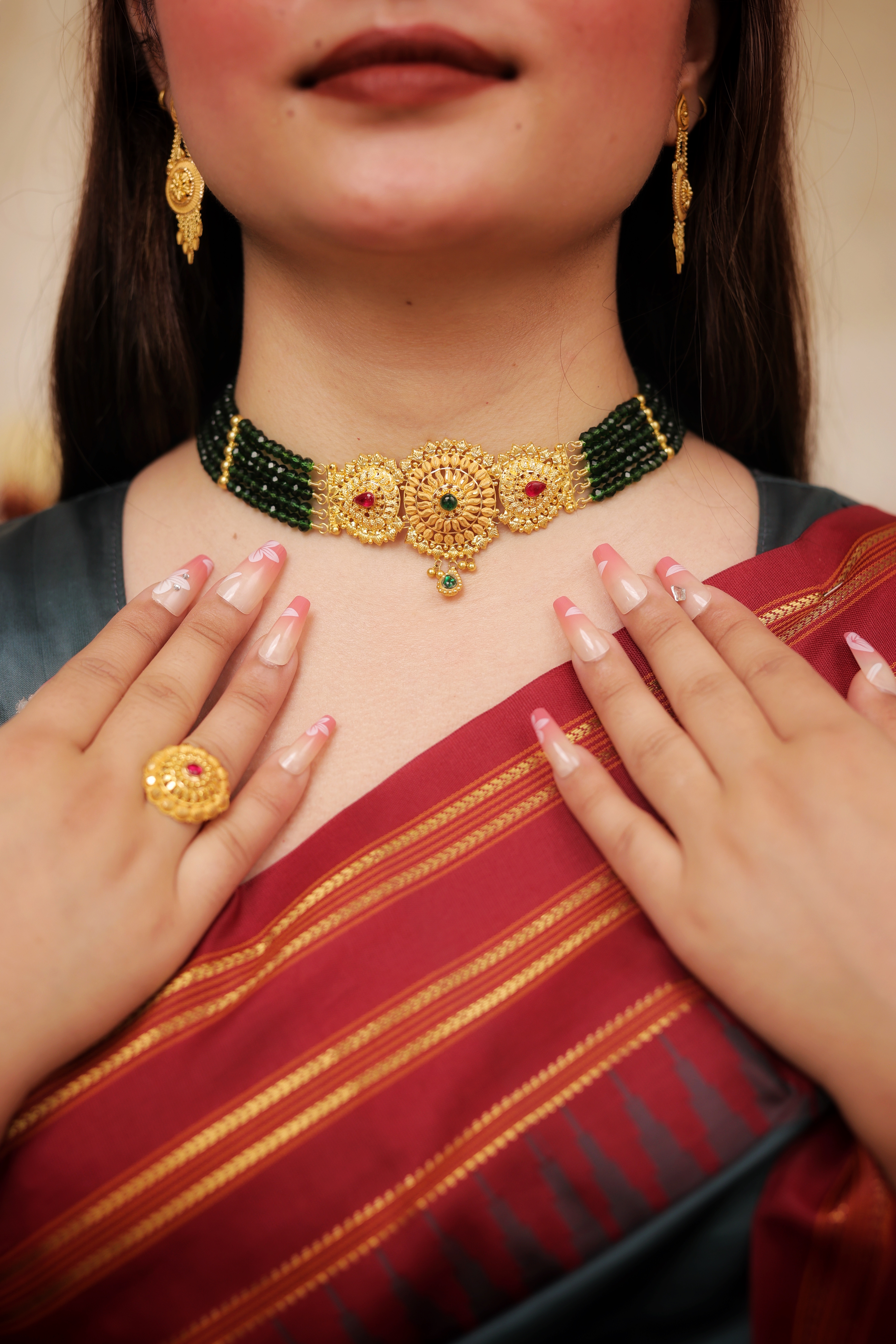 Green Multi-Strand Beaded Chokhar with Triple 22K Gold Motif | Traditional Bridal Choker | Jaishree Jewellers