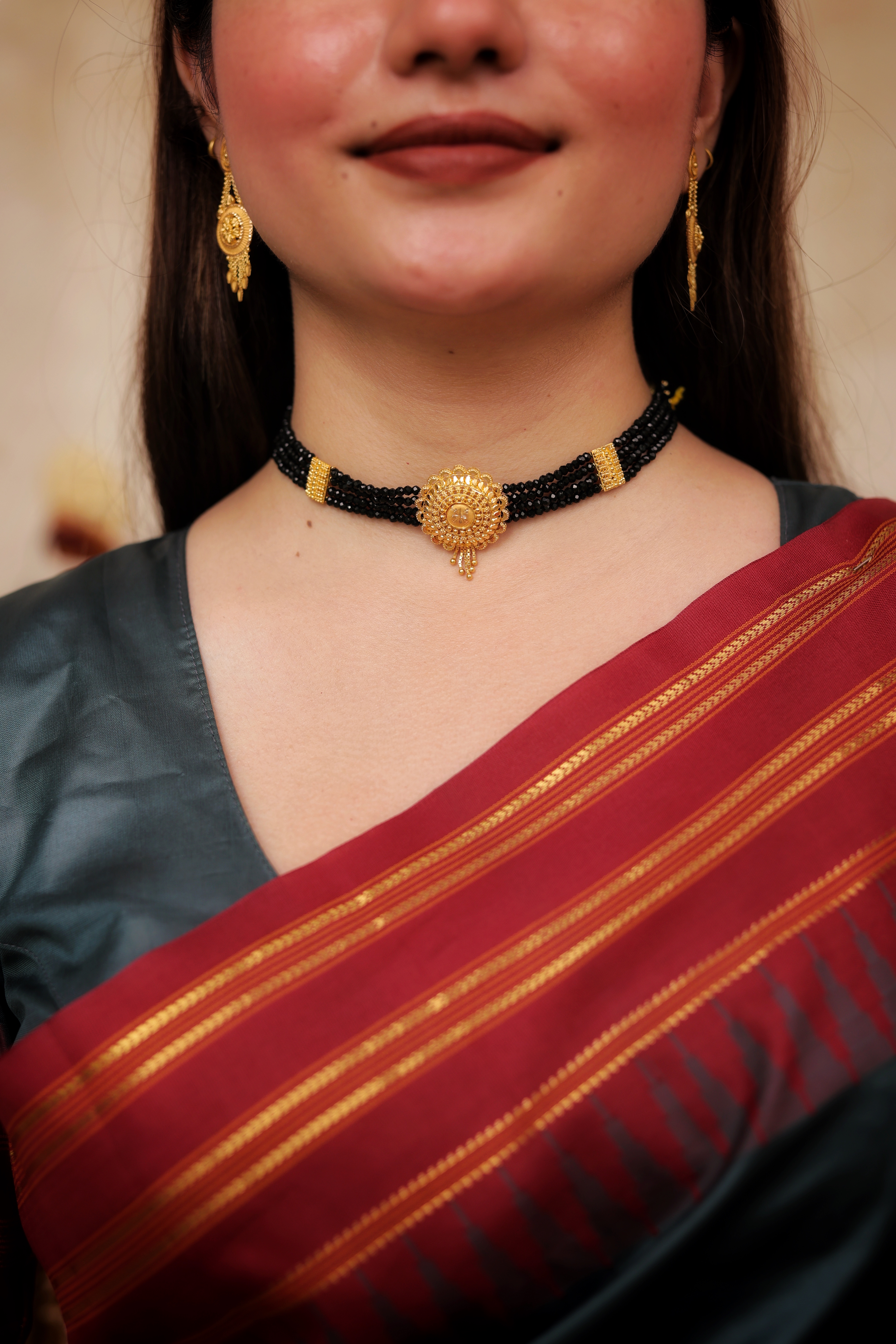 Traditional Black Beaded Chokhar With 22K Gold Round Motif | Multi-Layer Mangalsutra Style Choker | Jaishree Jewellers