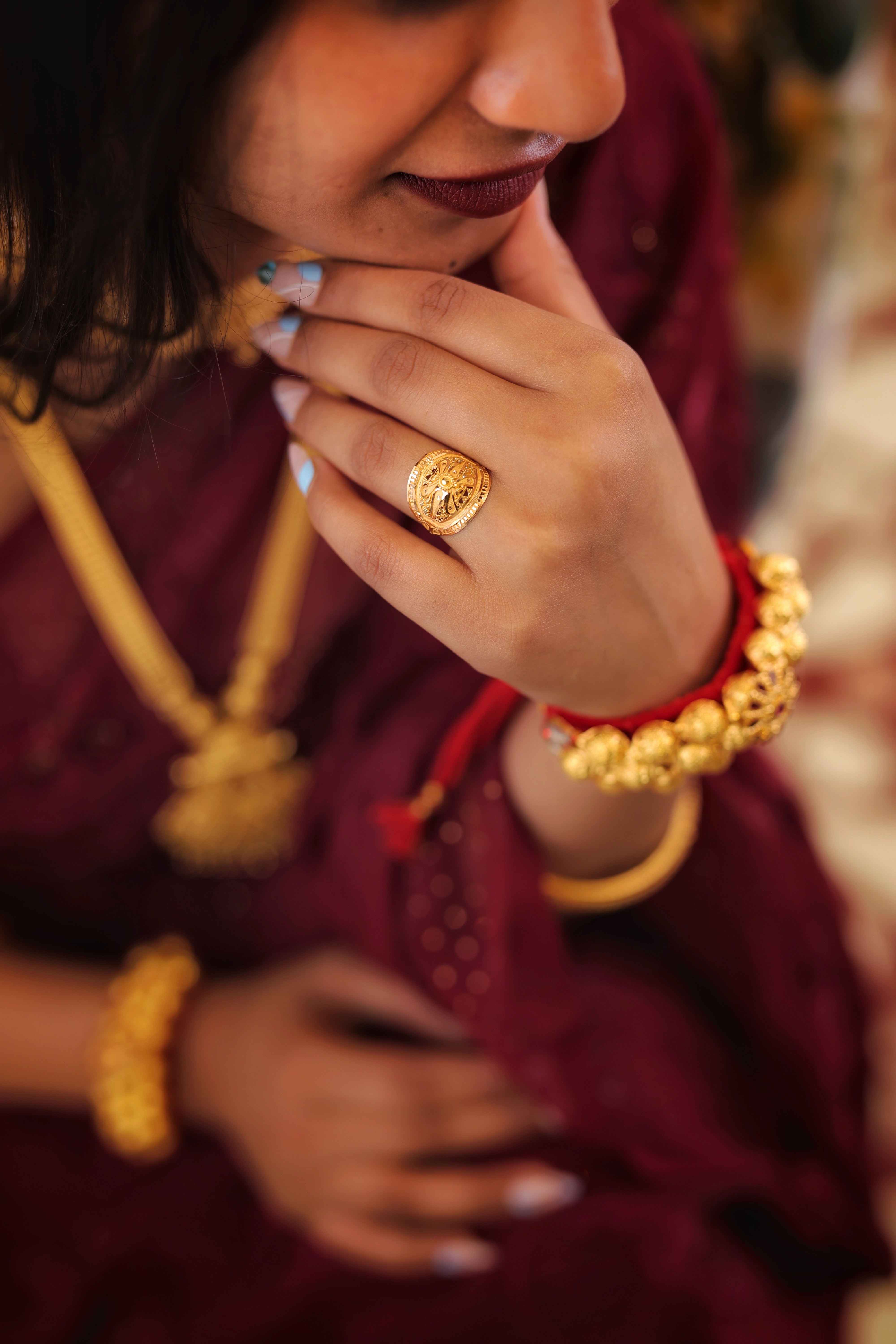 22K Gold Filigree Oval Cocktail Ring / Traditional Handcrafted Yellow Gold Band