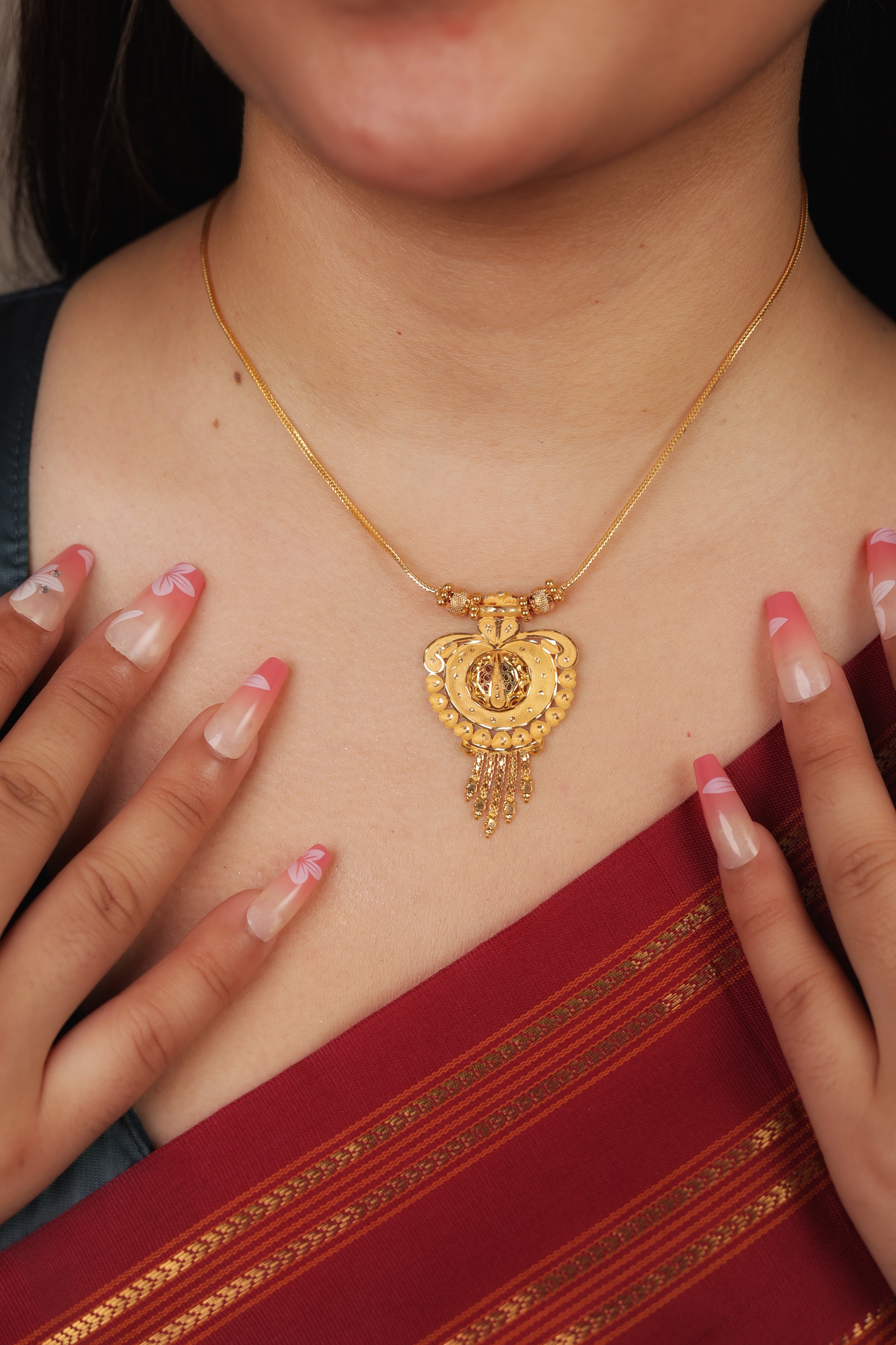 22K Gold Traditional Heart Pendant Necklace | Layered Filigree Drops