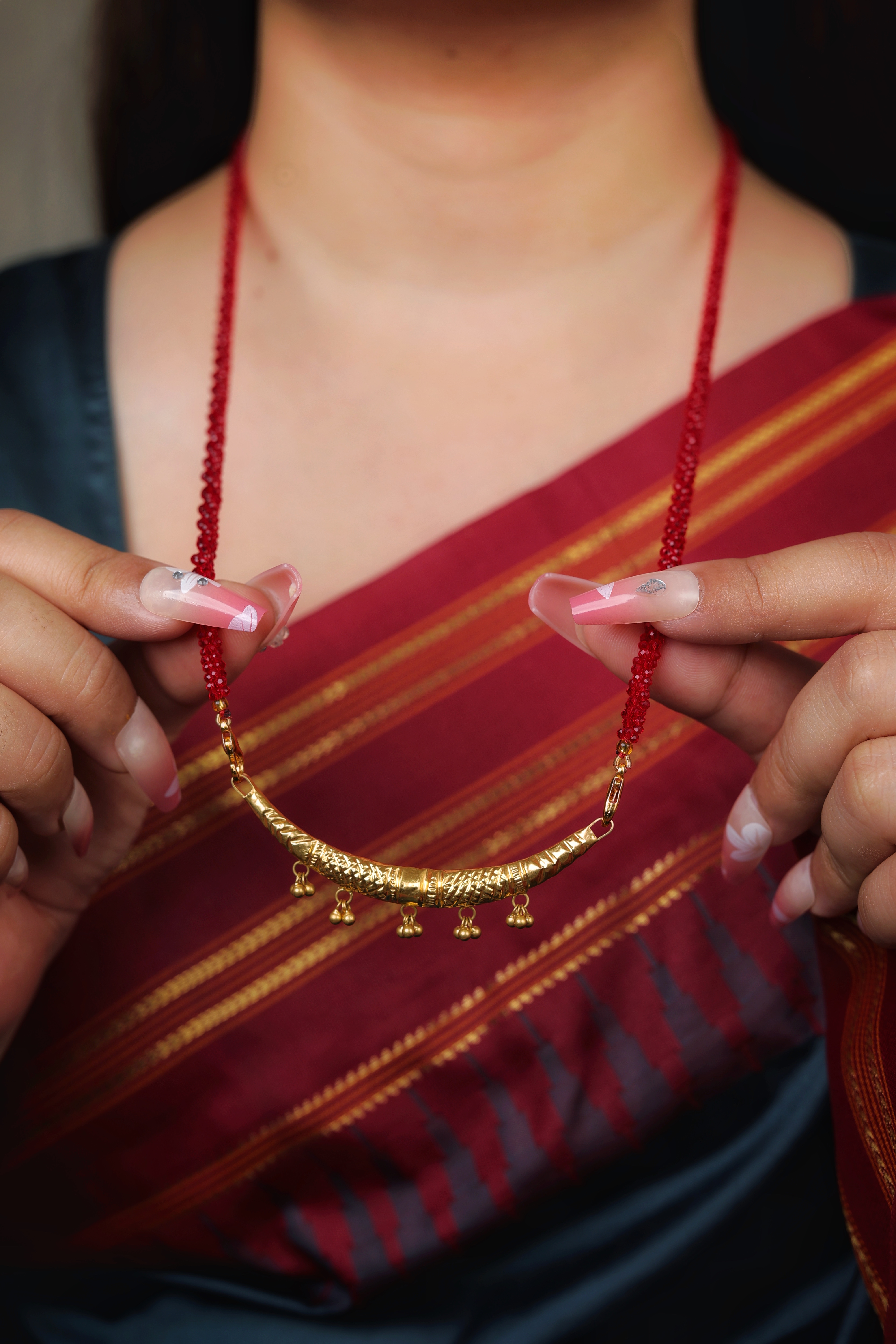 Traditional 22K Gold Temania Mangalsutra with Red Beads