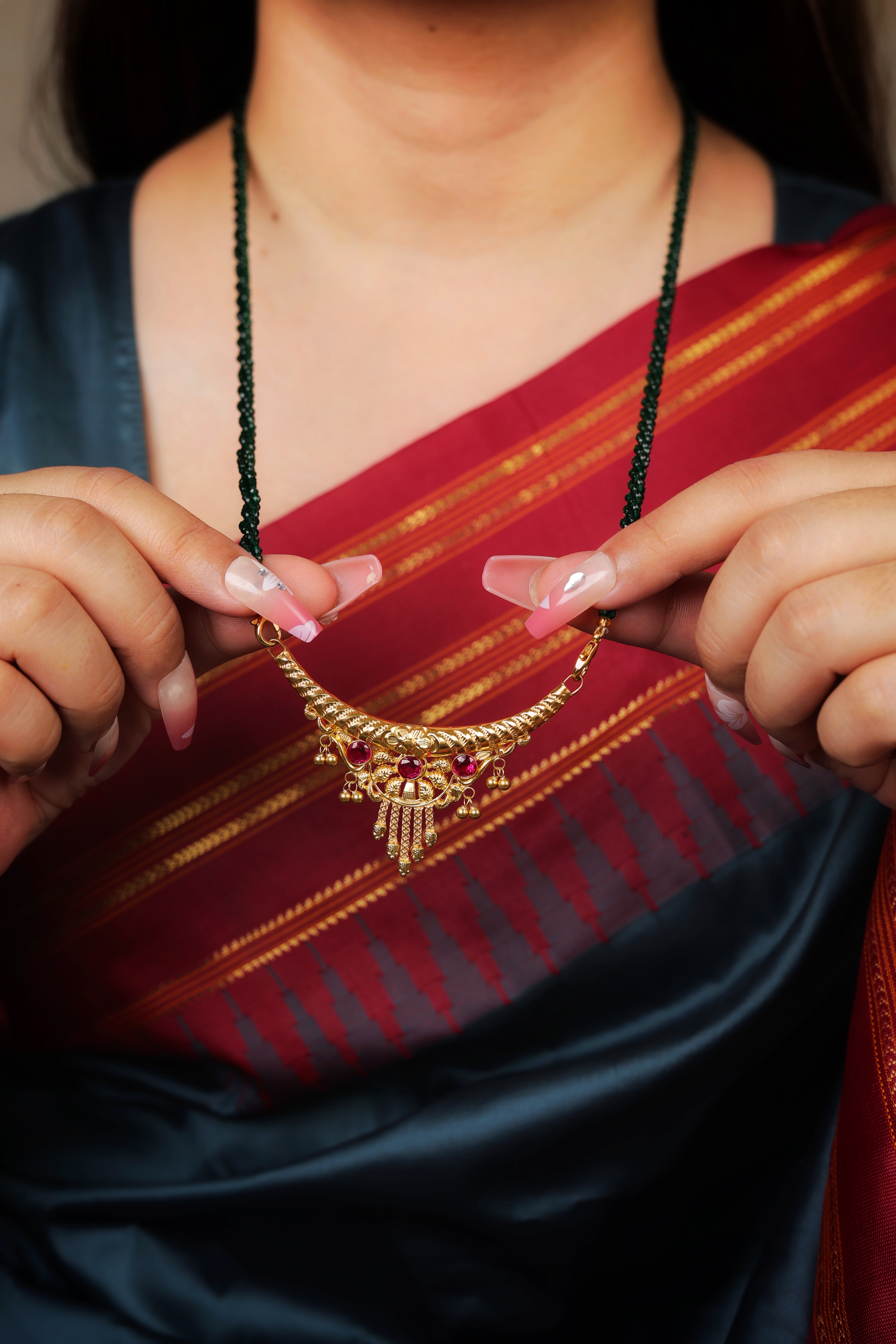 Traditional 22K Gold Temania Mangalsutra with Red Stone Detailing