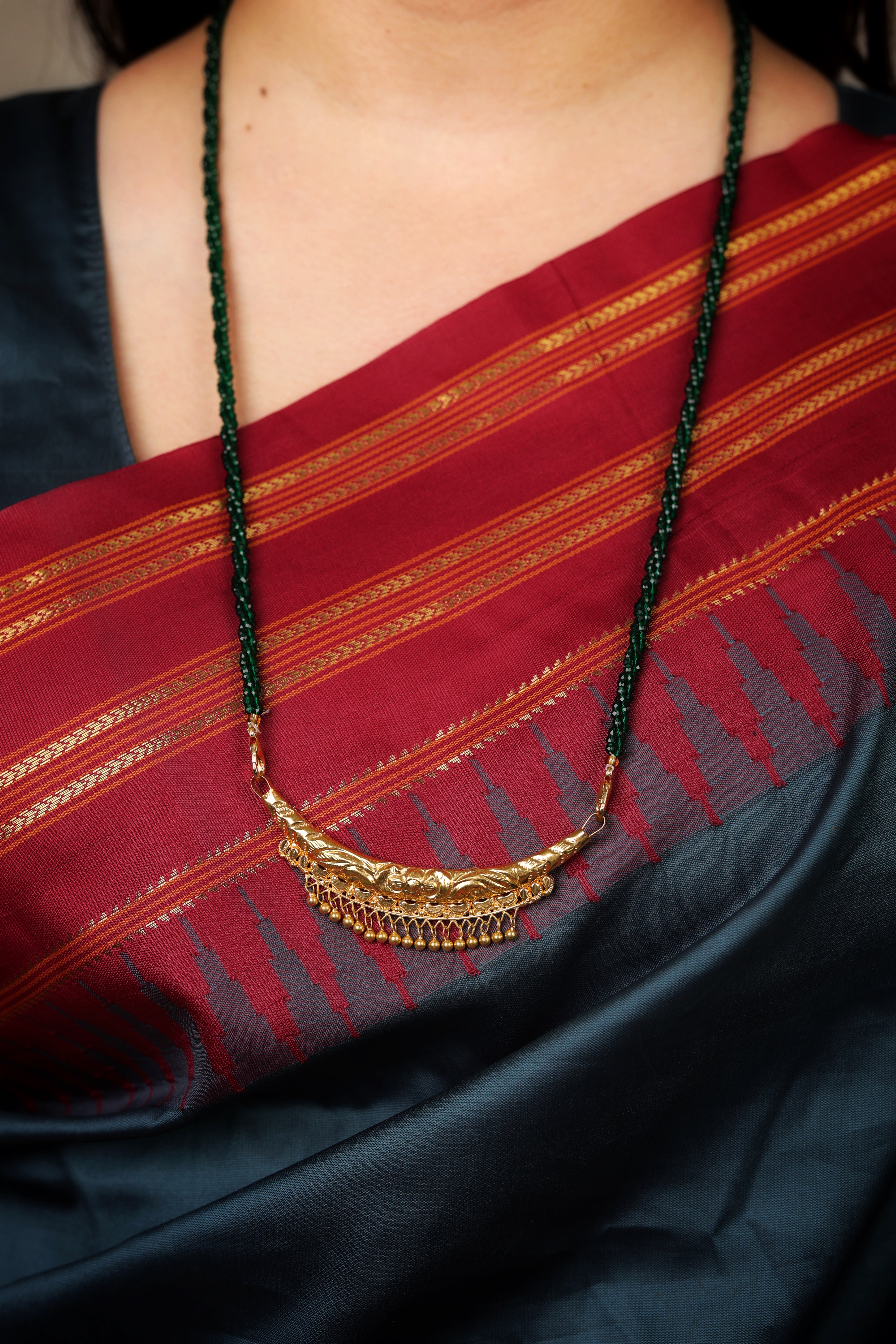 Traditional 22K Gold Temania Mangalsutra with Carved Floral Design