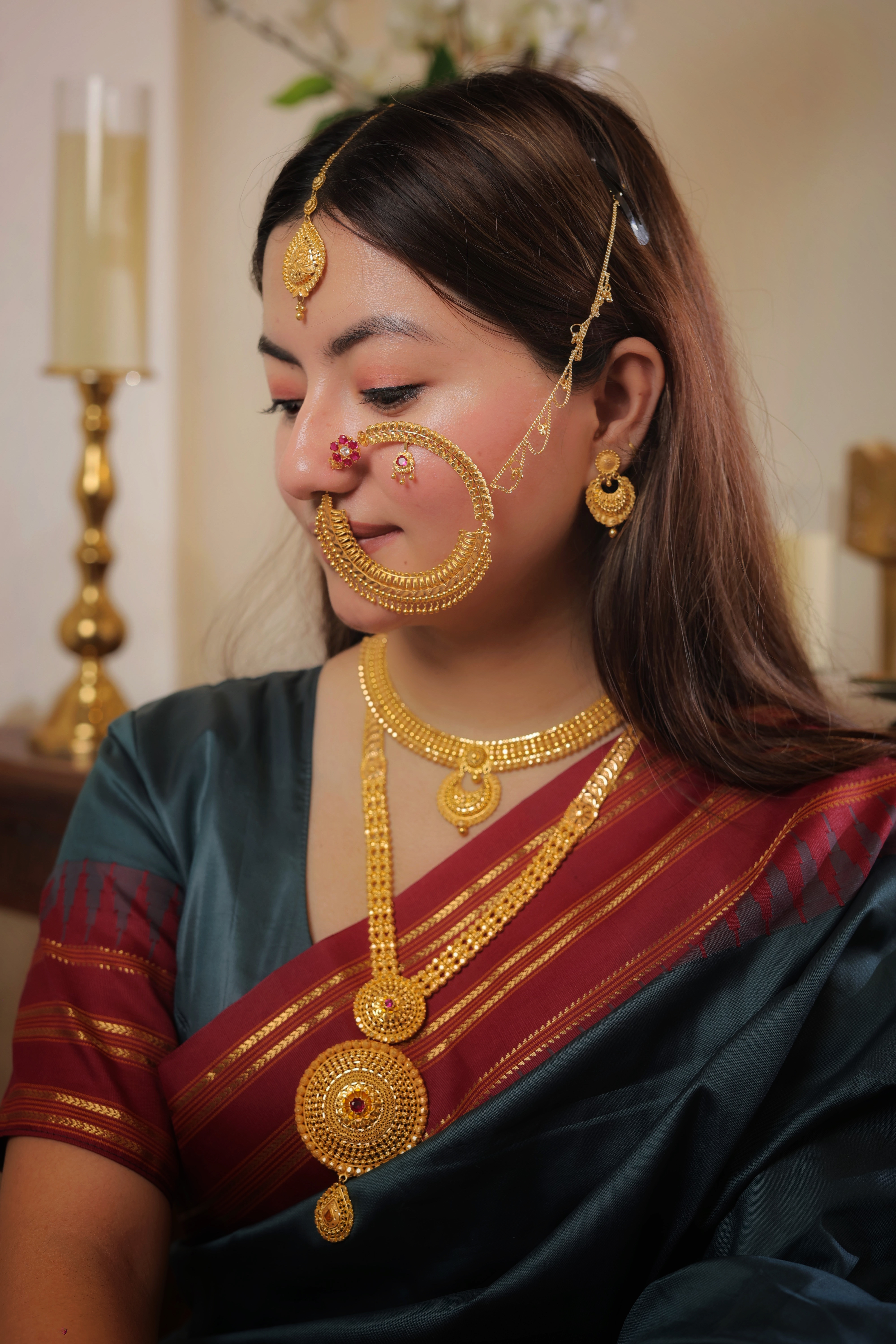 Ornate Traditional Gold Finish Nath | Large Maharani Style Nose Ring with Stud Accent | Bridal & Festive Jewellery