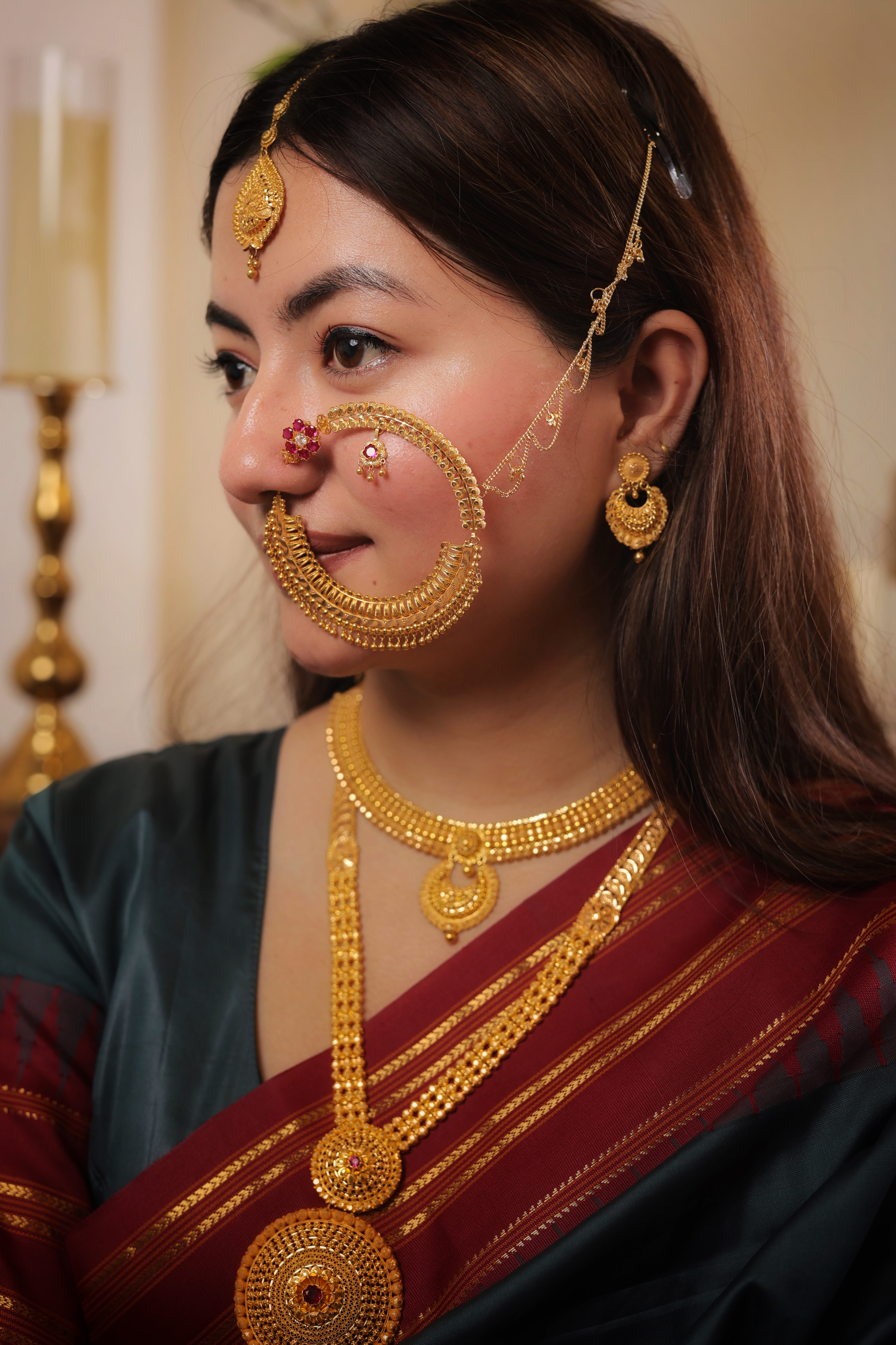 Ornate Traditional Gold Finish Nath | Large Maharani Style Nose Ring with Stud Accent | Bridal & Festive Jewellery