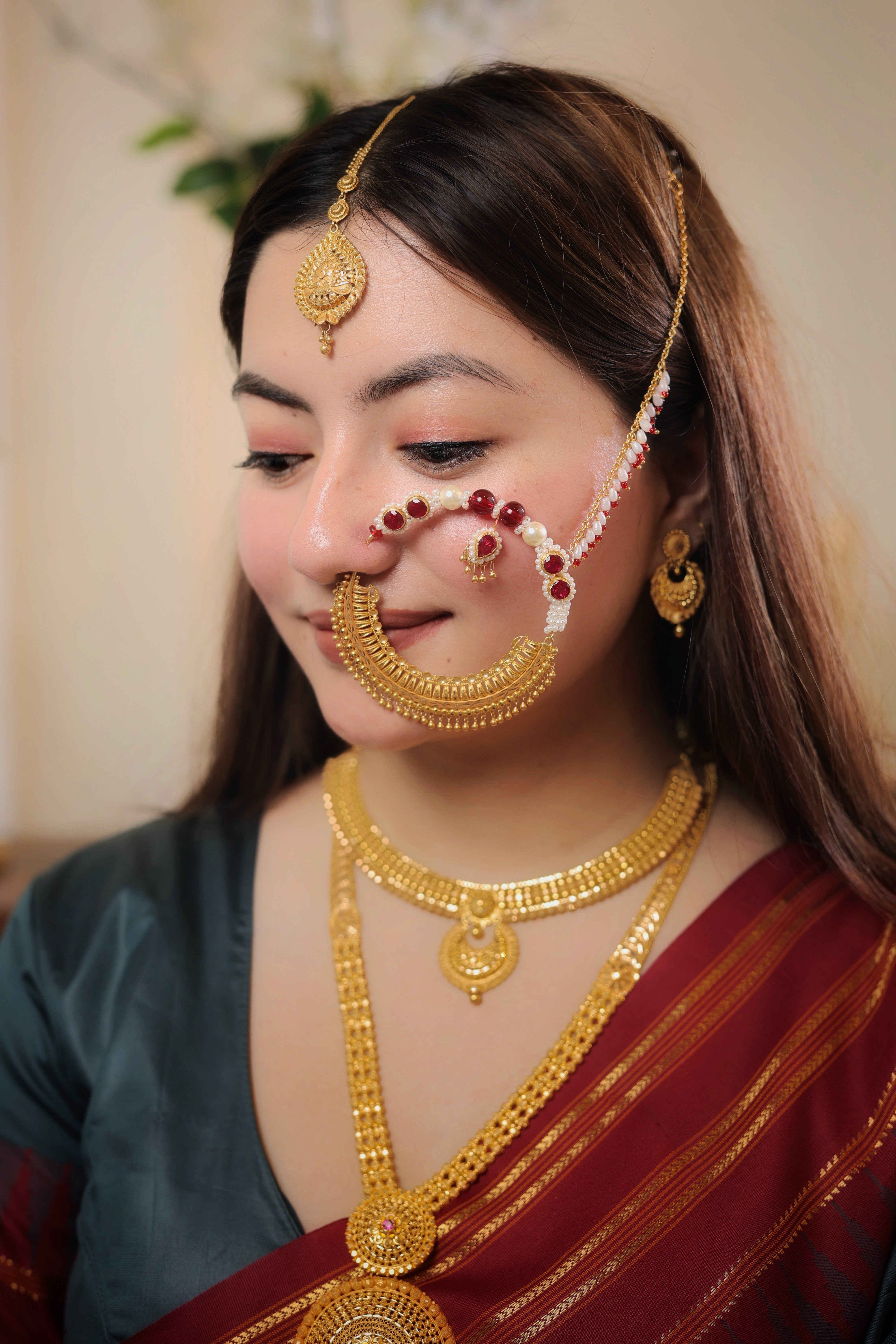 Intricate Traditional Real Gold Nath | Large Filigree Mesh Nose Ring with Pearl & Beaded Chain | Bridal Statement