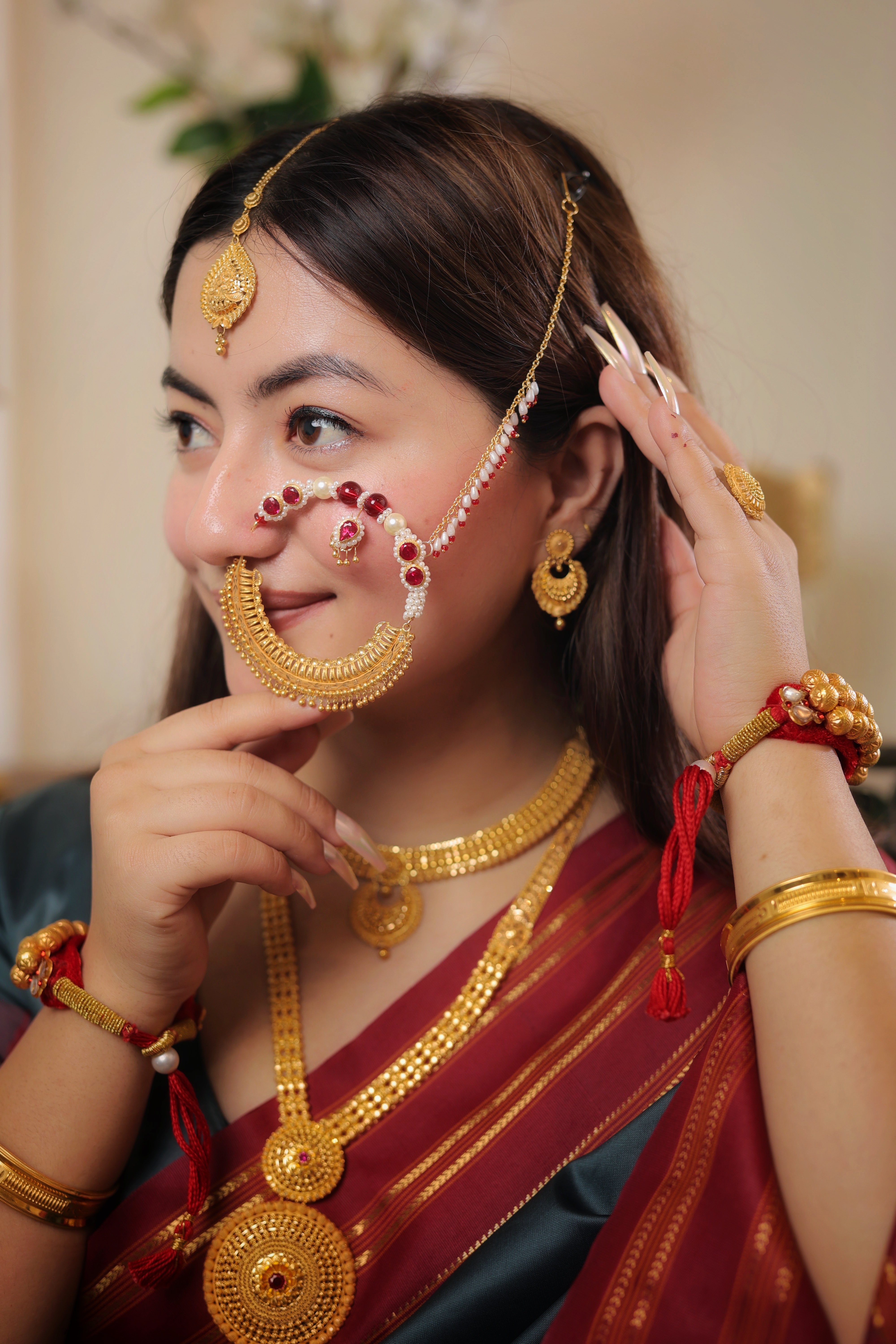 Intricate Traditional Real Gold Nath | Large Filigree Mesh Nose Ring with Pearl & Beaded Chain | Bridal Statement