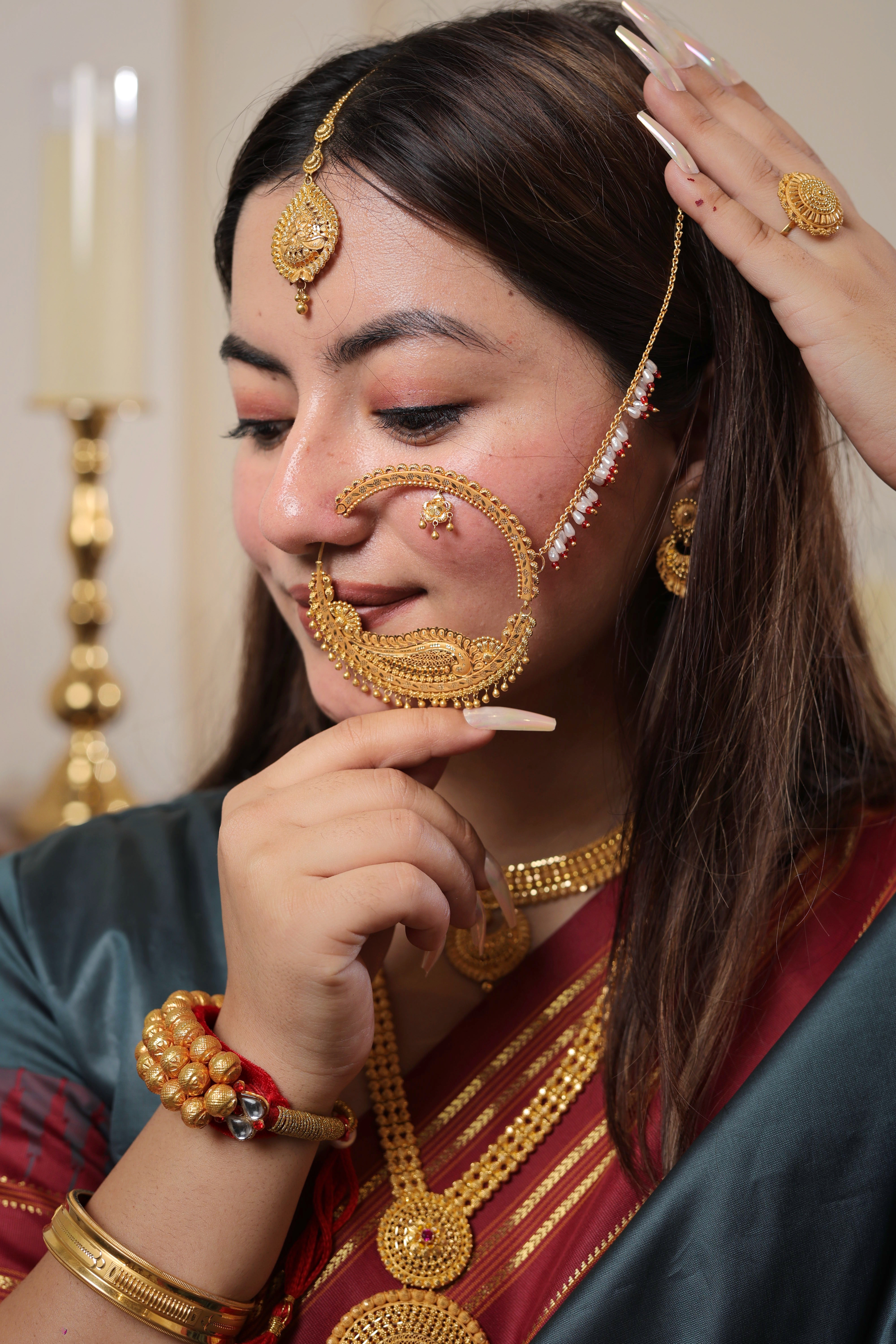 Authentic Solid Gold Nath | Intricate Traditional Peacock Motif Nose Ring with Pearl Chain | Grand Bridal Statement