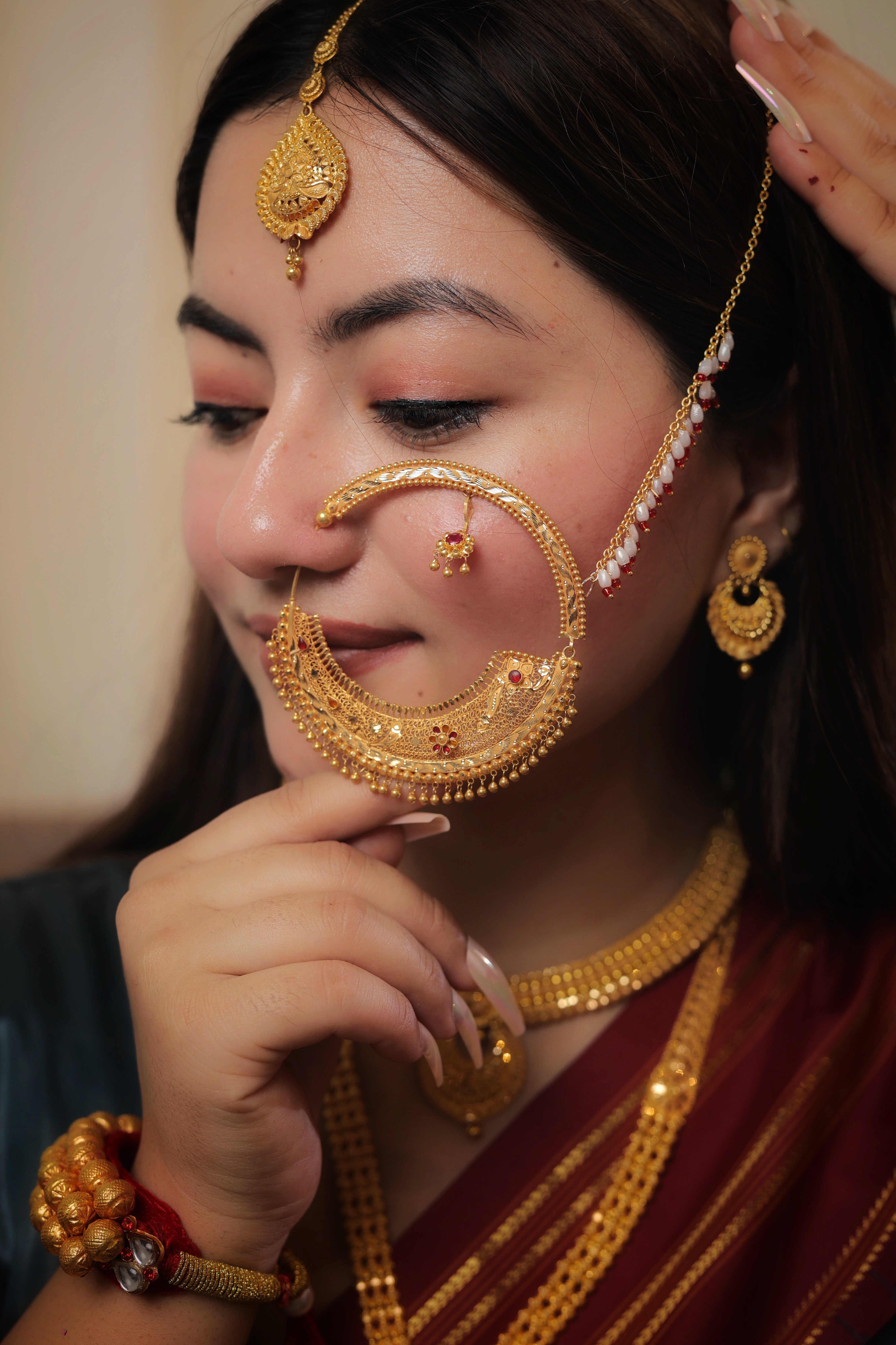 Authentic Solid Gold Nath | Ornate Crescent Filigree Nose Ring with Decorative Accent | Grand Bridal Statement