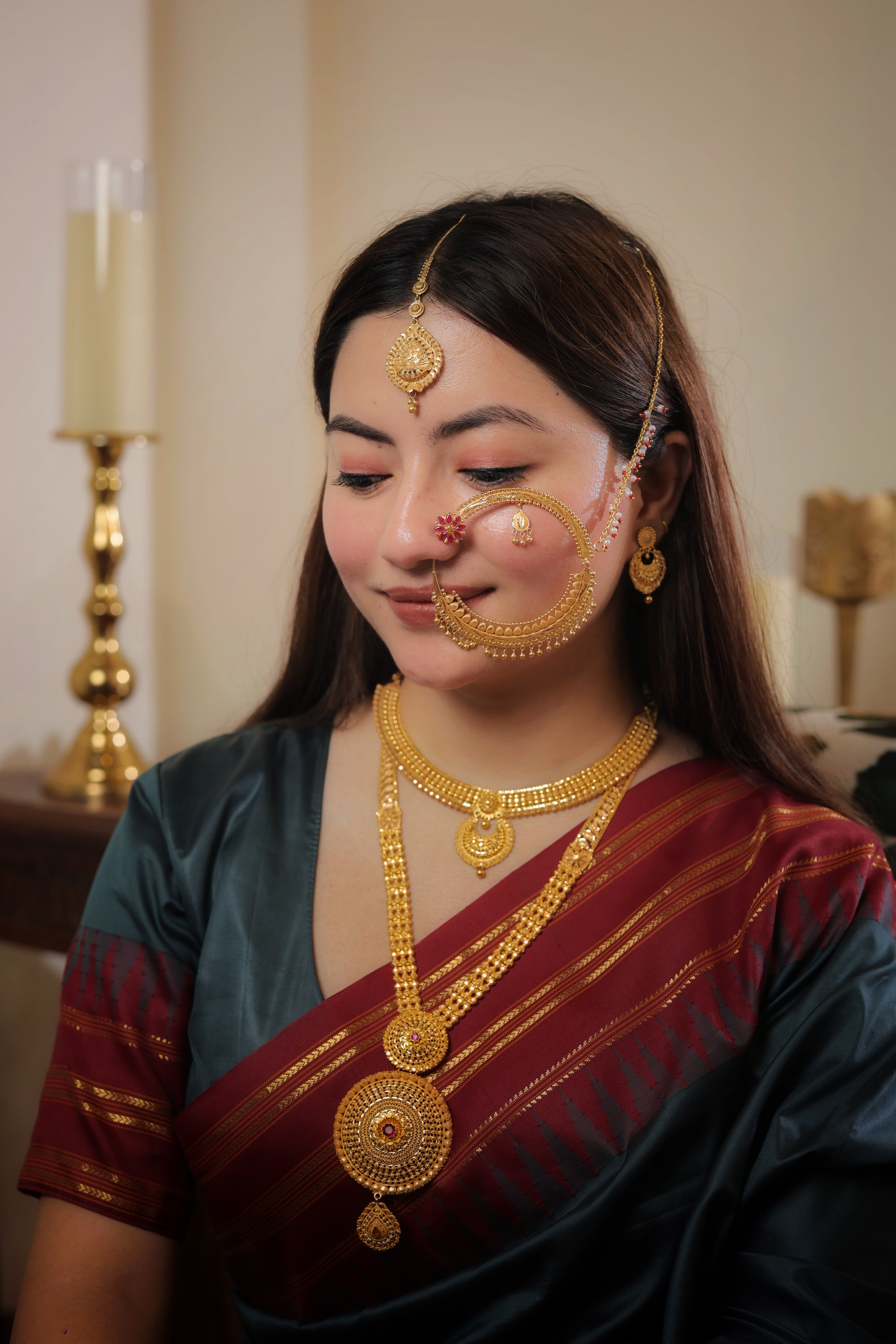 Authentic Solid Gold Nath | Ornate Thick Beaded Border Nose Ring with Inner Drop | Grand Bridal Statement