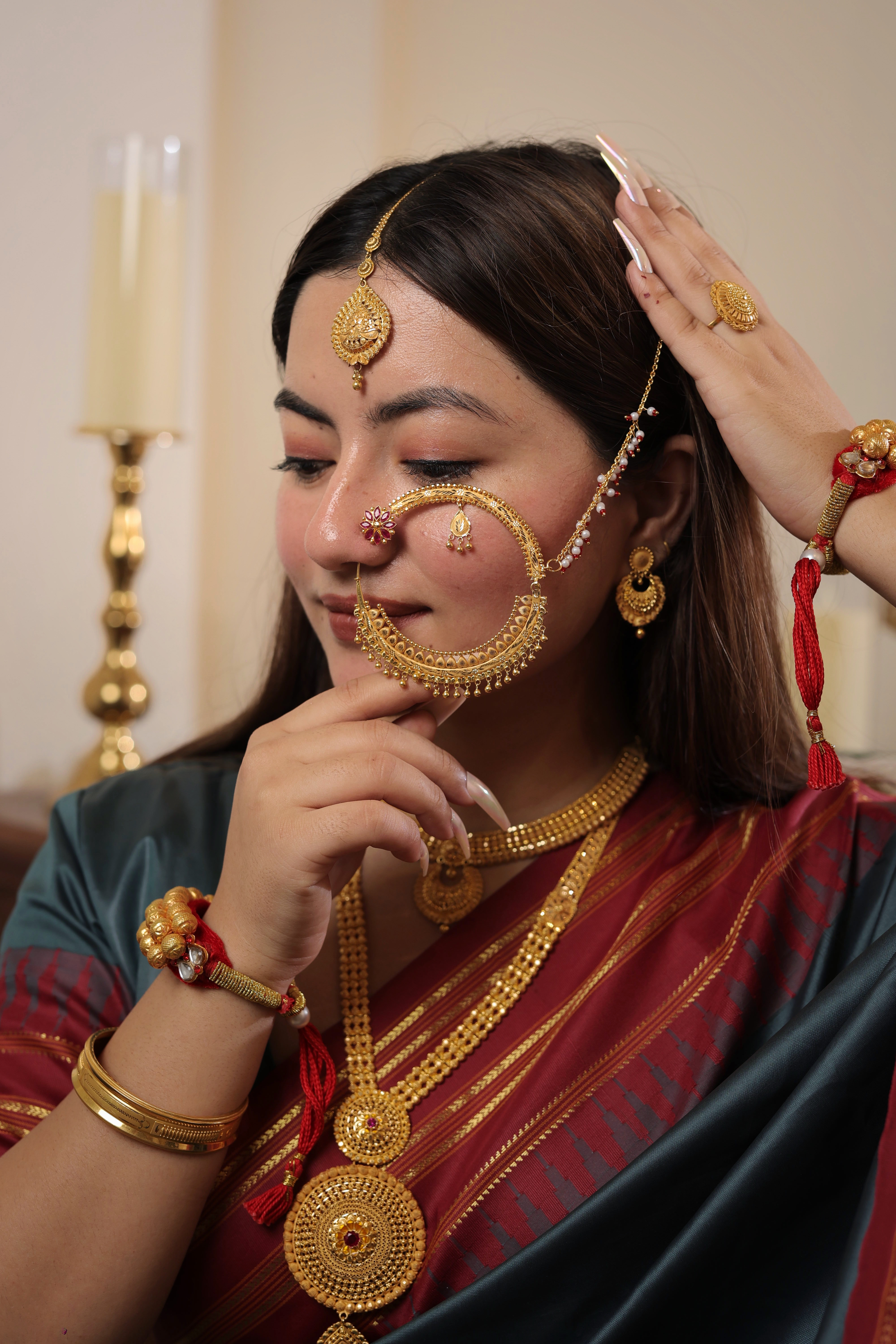 Authentic Solid Gold Nath | Ornate Thick Beaded Border Nose Ring with Inner Drop | Grand Bridal Statement