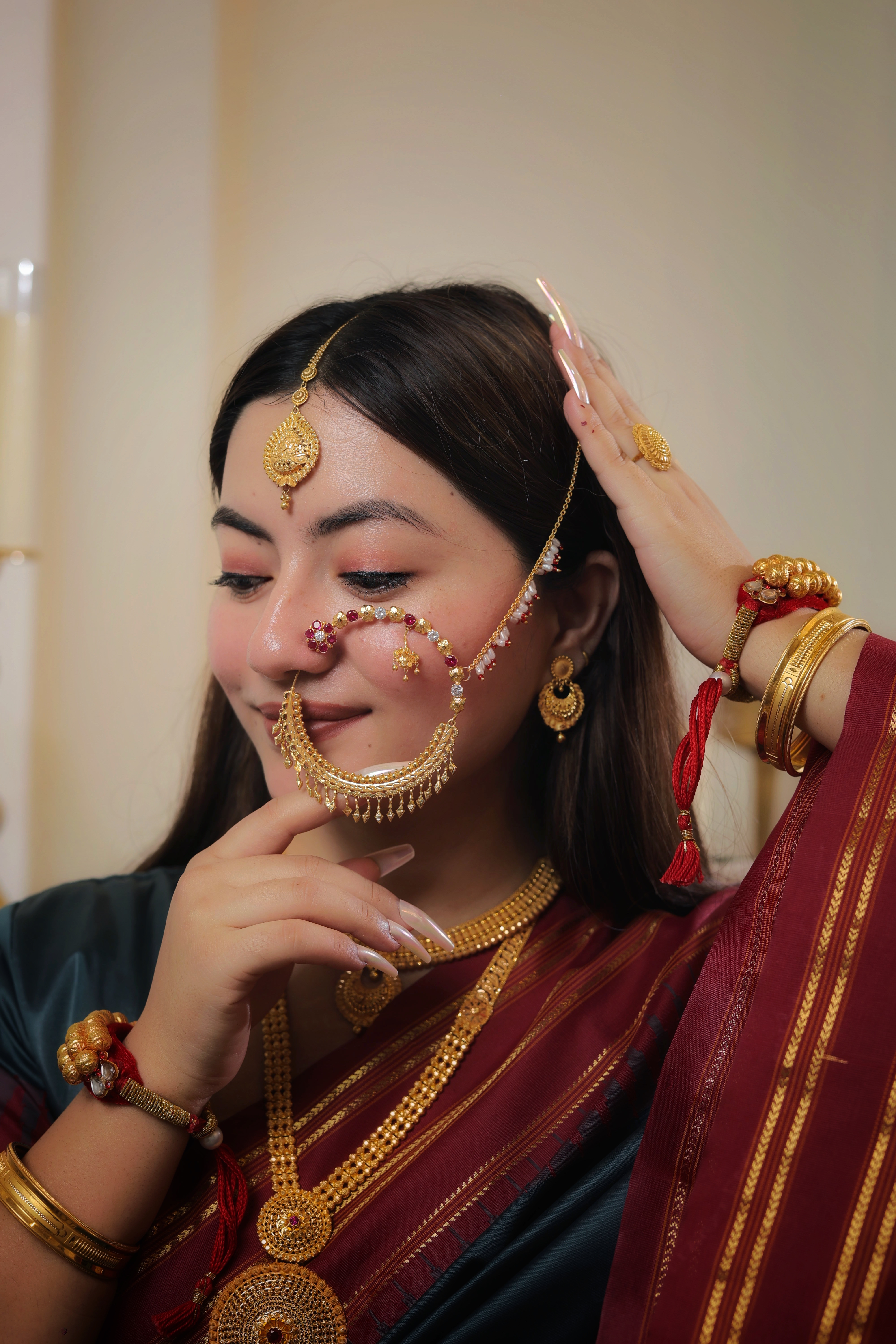Authentic Solid Gold Nath | Traditional Geometric Accent Nose Ring with Pearl Chain | Bridal & Festive Statement