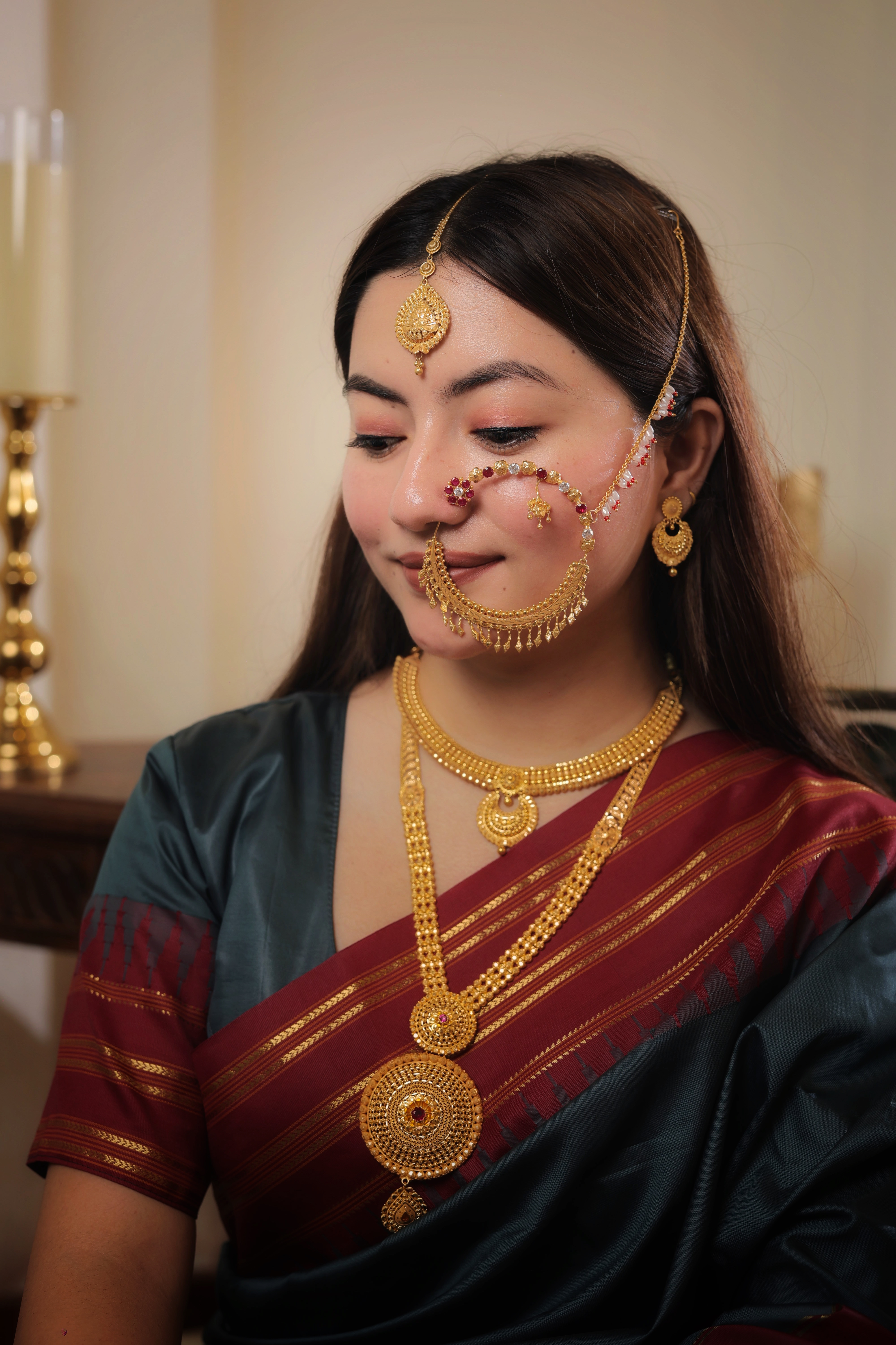 Authentic Solid Gold Nath | Traditional Geometric Accent Nose Ring with Pearl Chain | Bridal & Festive Statement