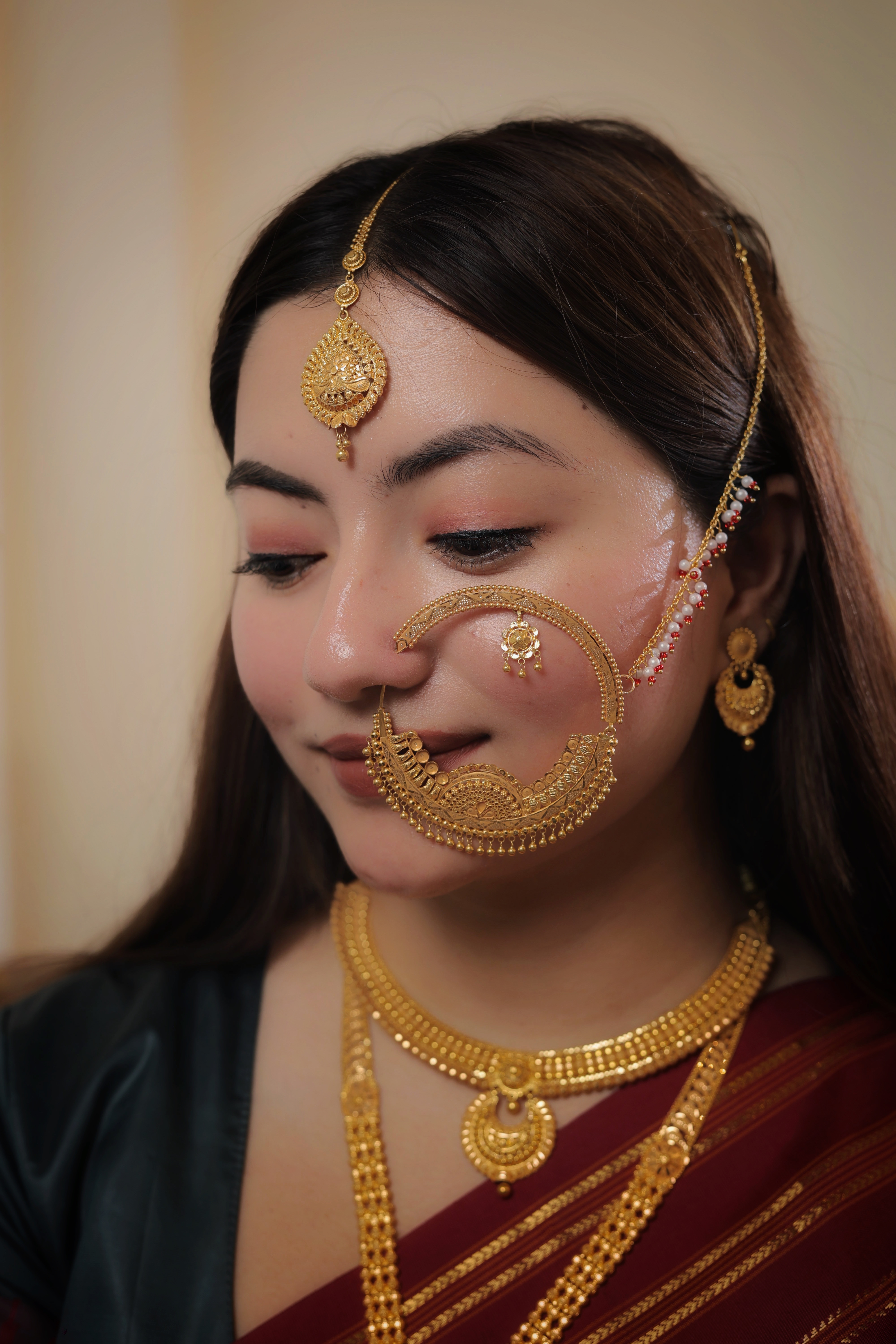 Authentic Solid Gold Nath | Ornate Fringed Drop Border Nose Ring with Inner Charm | Grand Bridal Statement