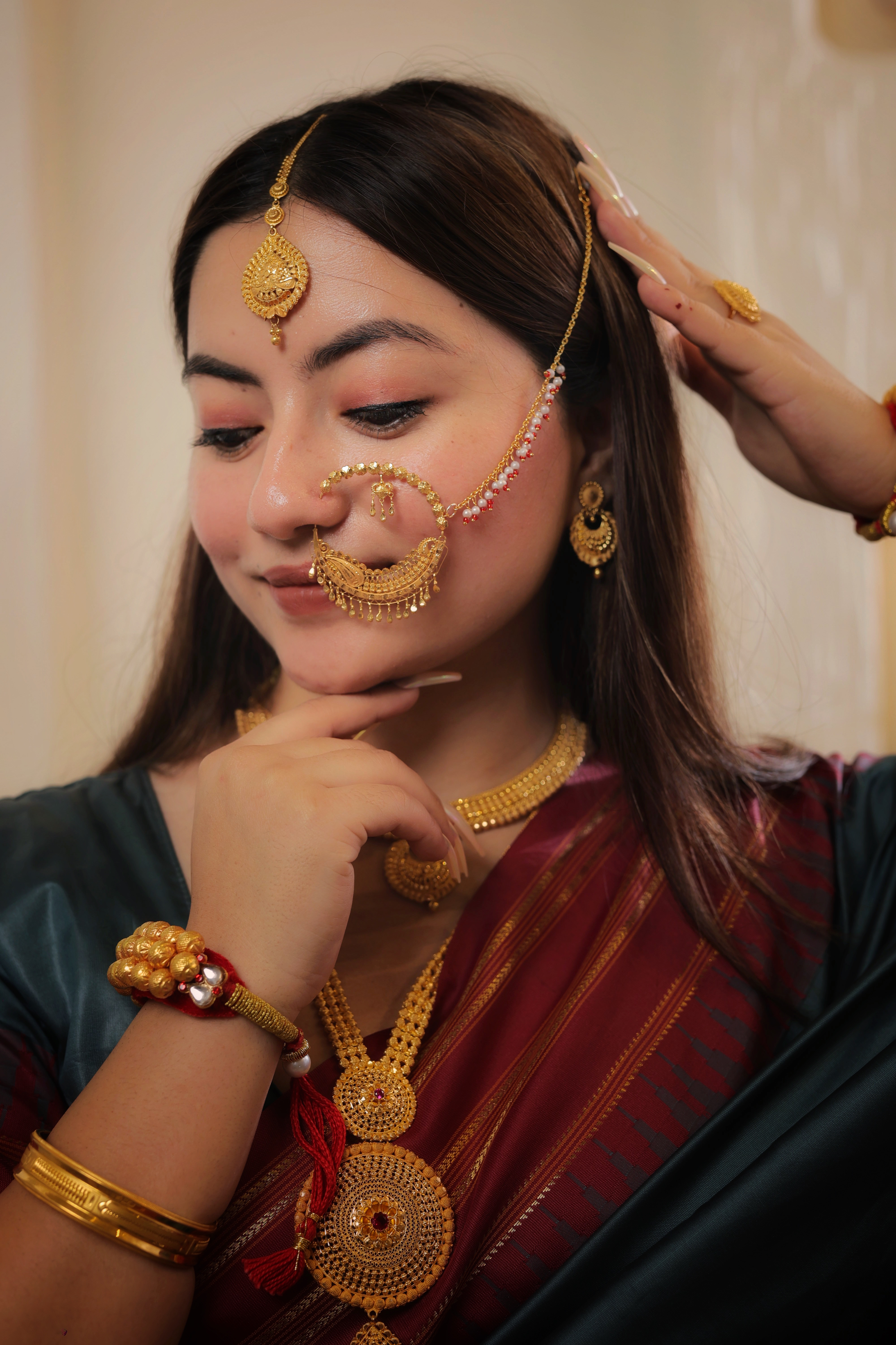 Grand Traditional Solid Gold Nath | Heavy Ornate Border Nose Ring with Drop Accents | Pure Gold Bridal Statement