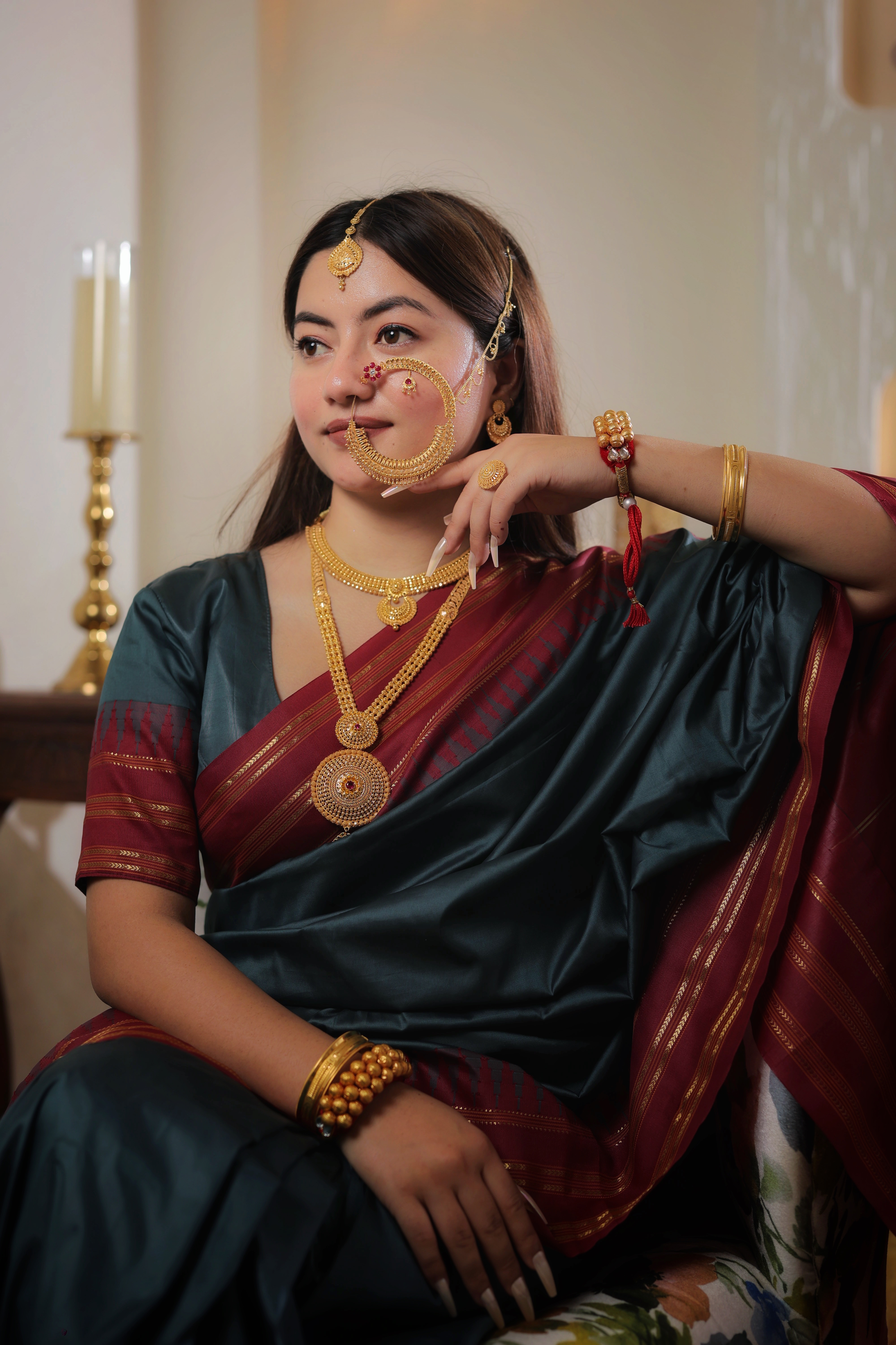 Authentic Solid Gold Nath | Ornate Fringed Drop Border Nose Ring with Inner Charm | Grand Bridal Statement