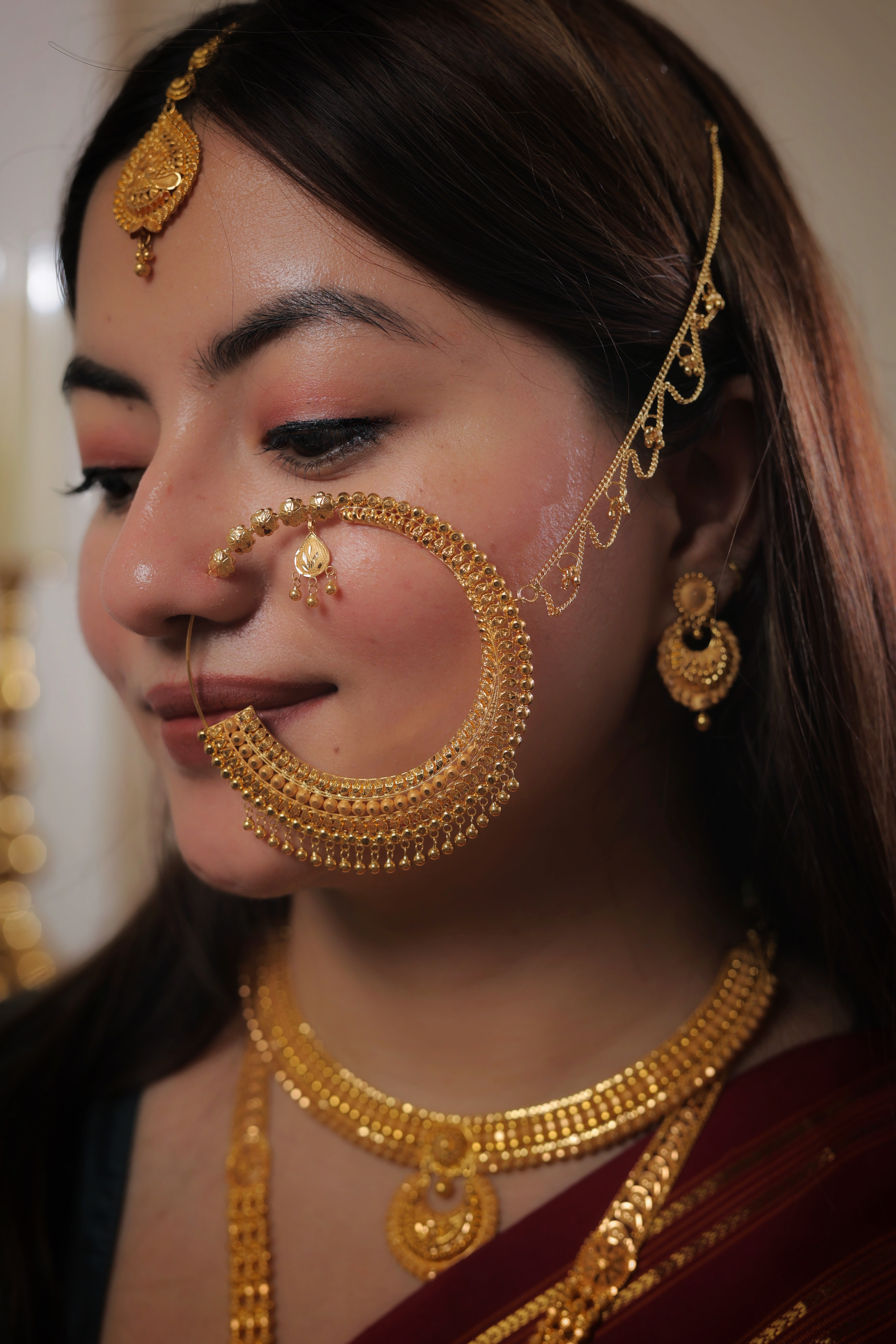 Grand Traditional Solid Gold Nath | Heavy Ornate Border Nose Ring with Drop Accents | Pure Gold Bridal Statement