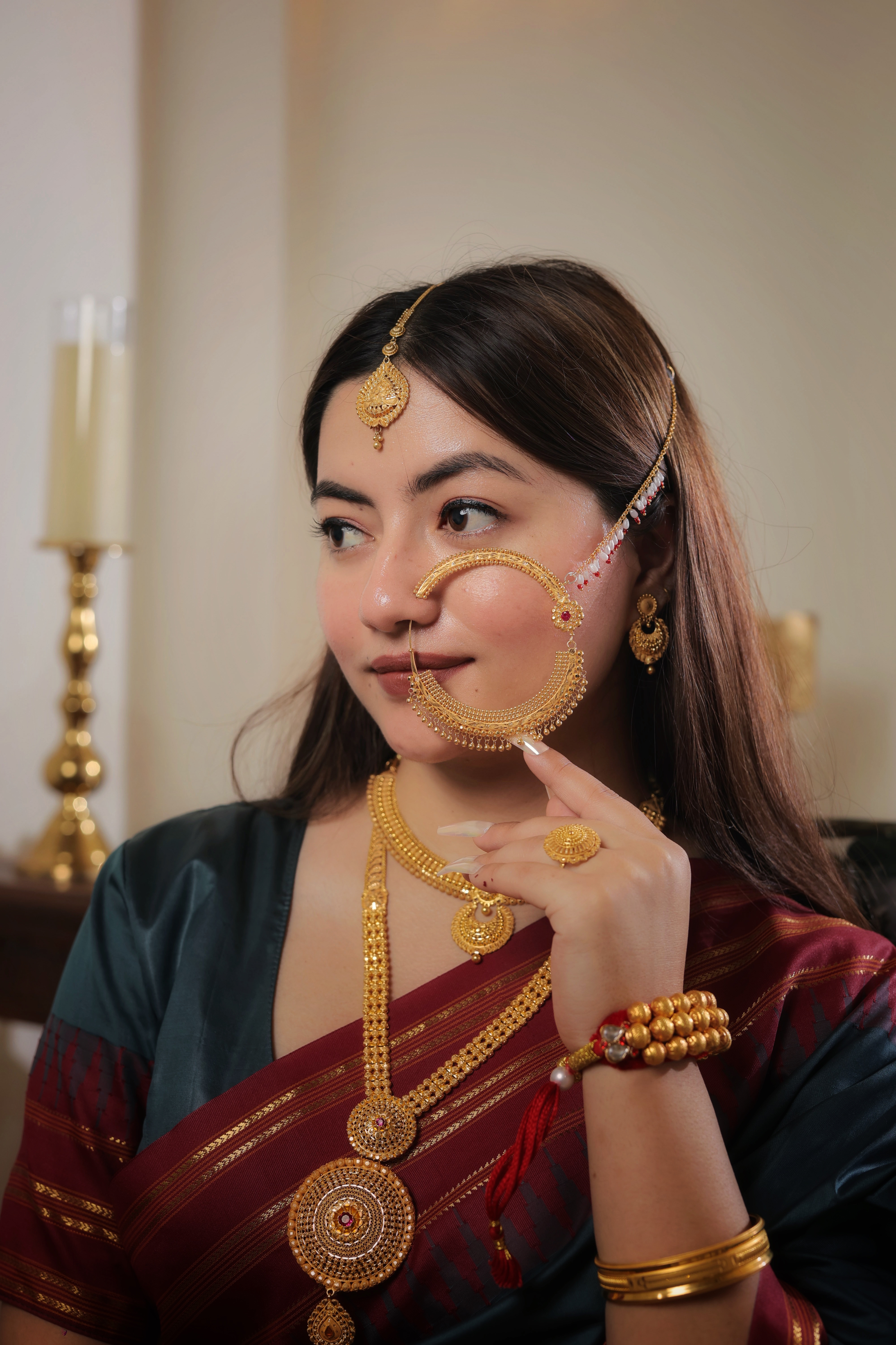Authentic Solid Gold Nath | Ornate Fringed Drop Border Nose Ring with Inner Charm | Grand Bridal Statement