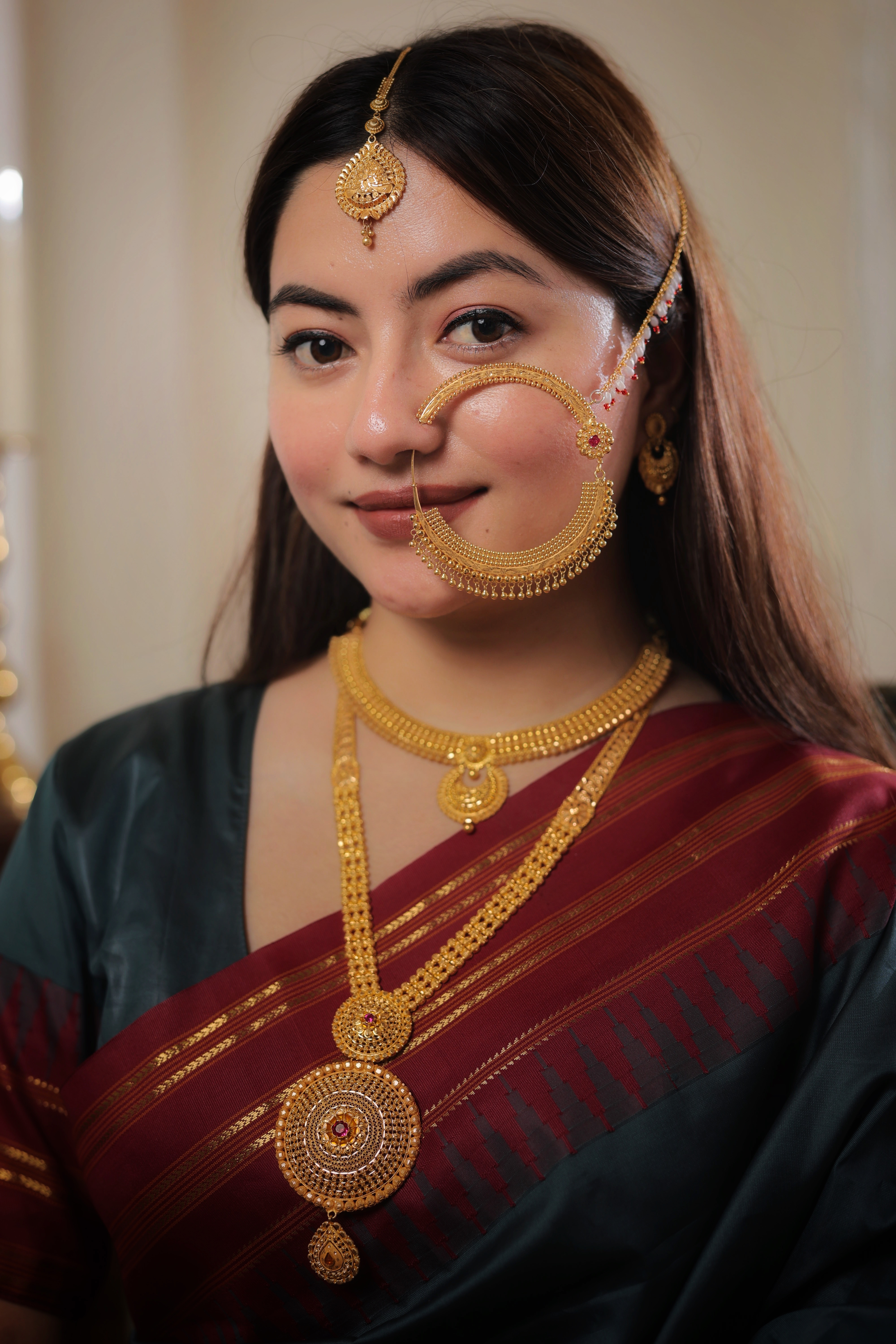 Authentic Solid Gold Nath | Ornate Fringed Drop Border Nose Ring with Inner Charm | Grand Bridal Statement