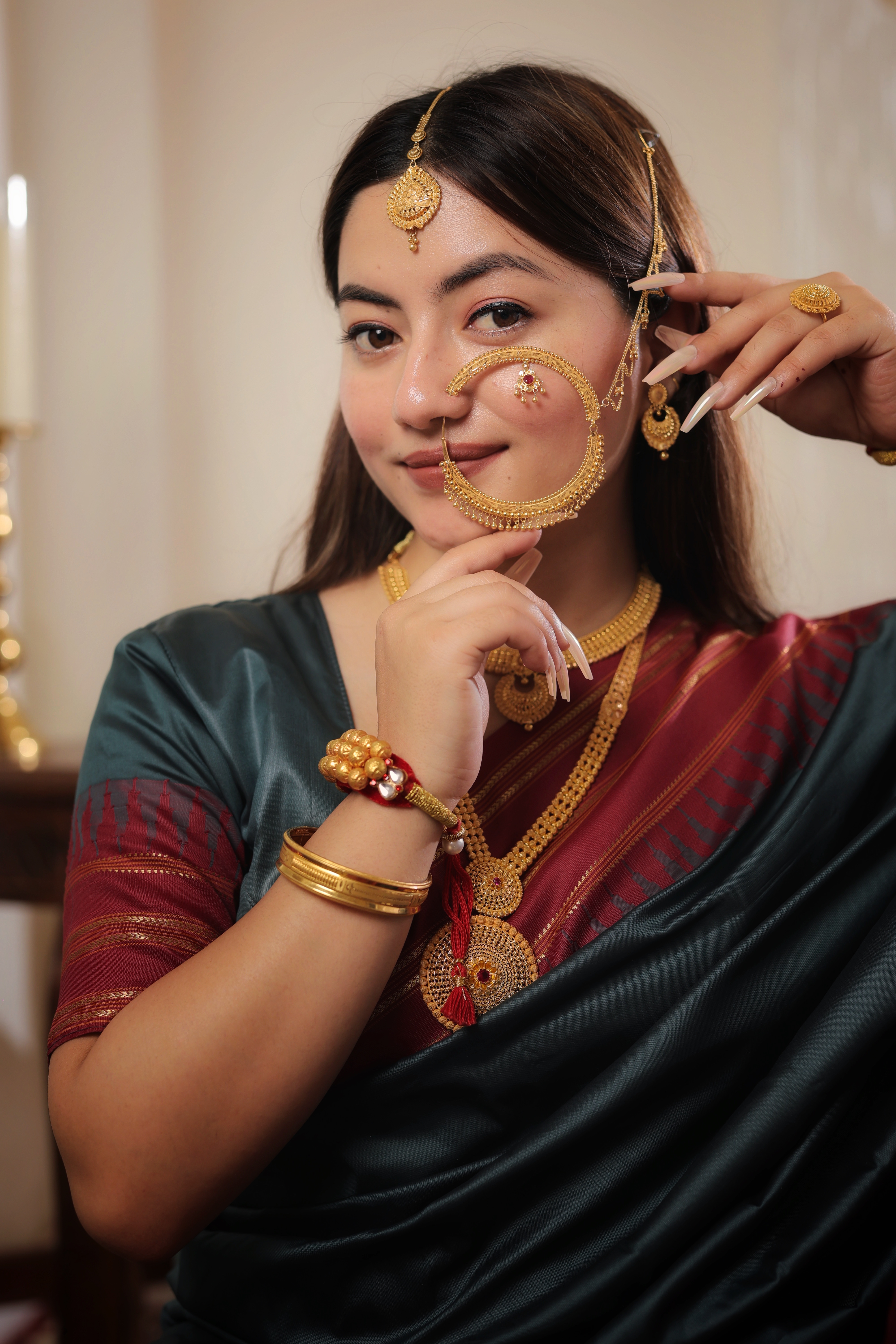 Grand 22K Gold Traditional Bridal Nath with Elaborate Filigree and Chain
