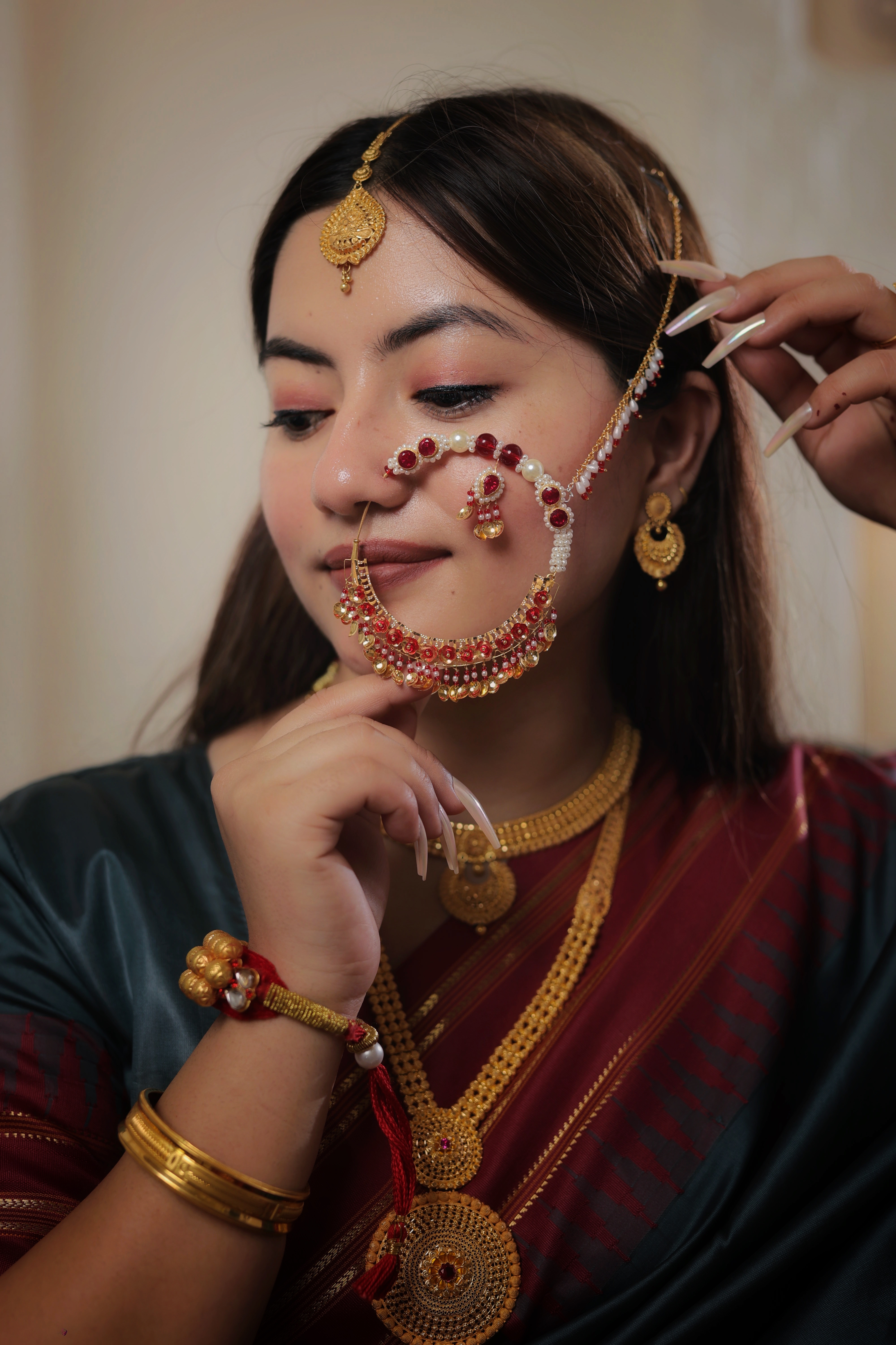 Grand 22K Gold Traditional Bridal Nath with Pearl and Kundan/Red Stone Work