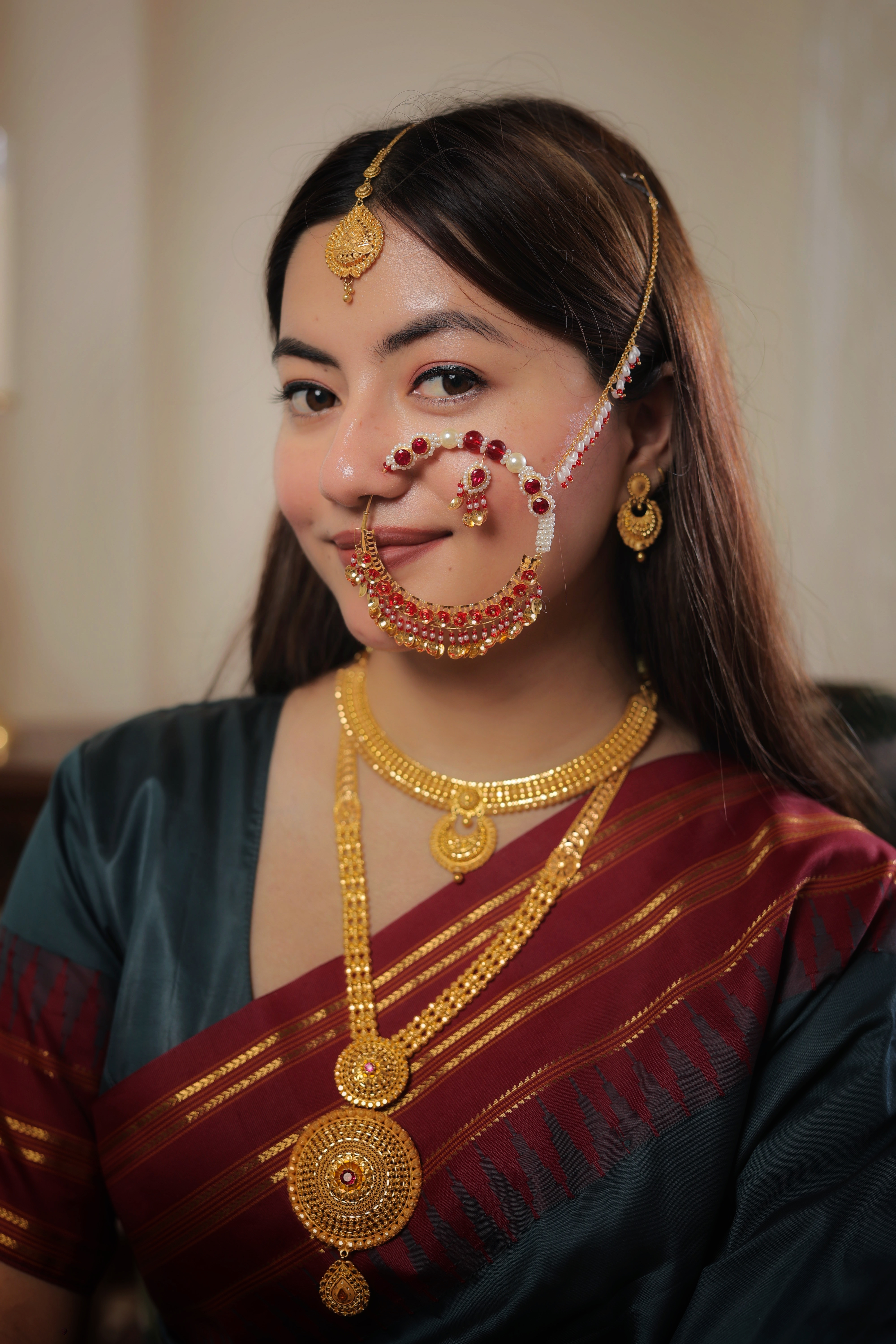 Grand 22K Gold Traditional Bridal Nath with Pearl and Kundan/Red Stone Work