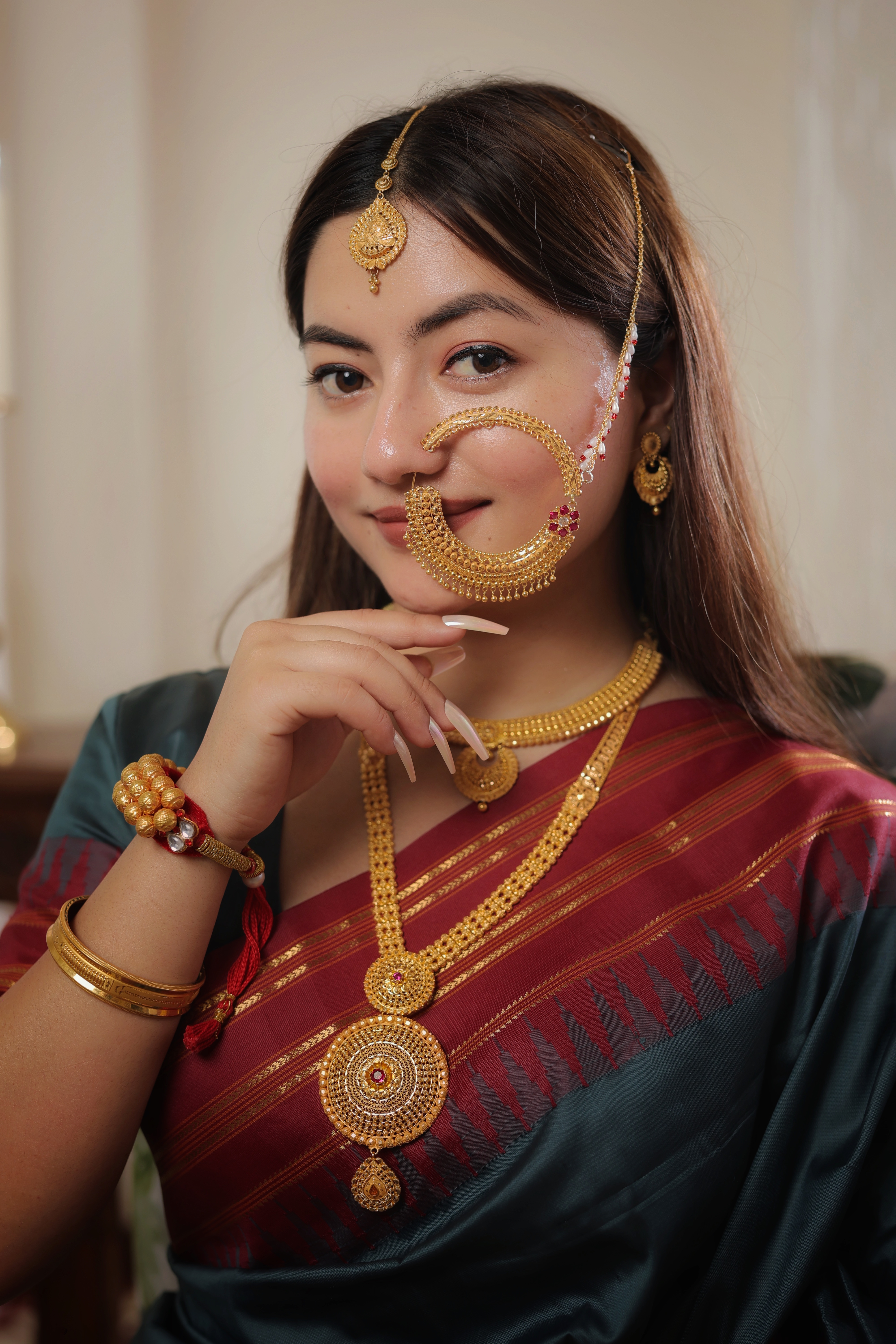 Grand 22K Gold Traditional Bridal Nath with Pearl and Ruby Accents