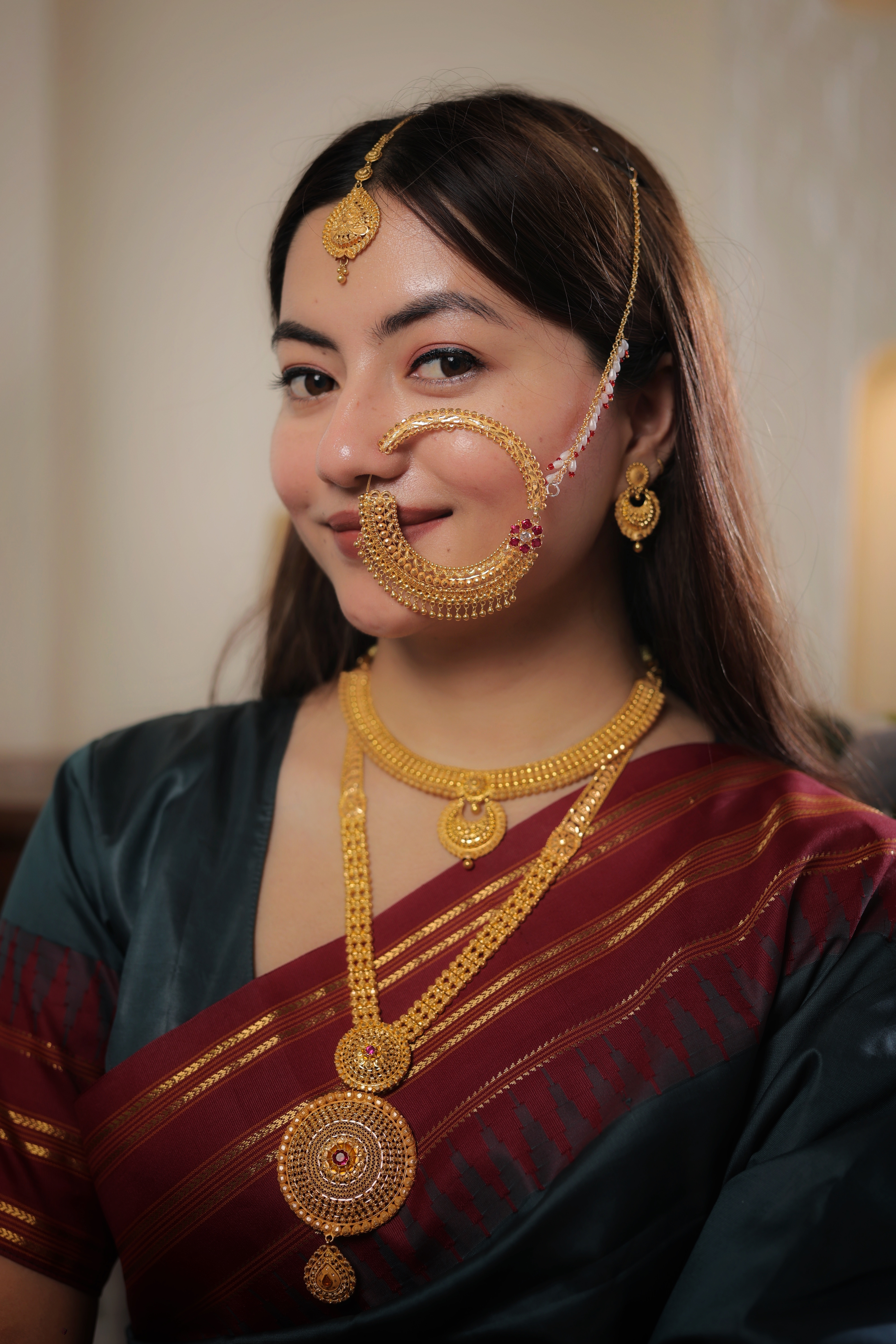 Grand 22K Gold Traditional Bridal Nath with Pearl and Ruby Accents