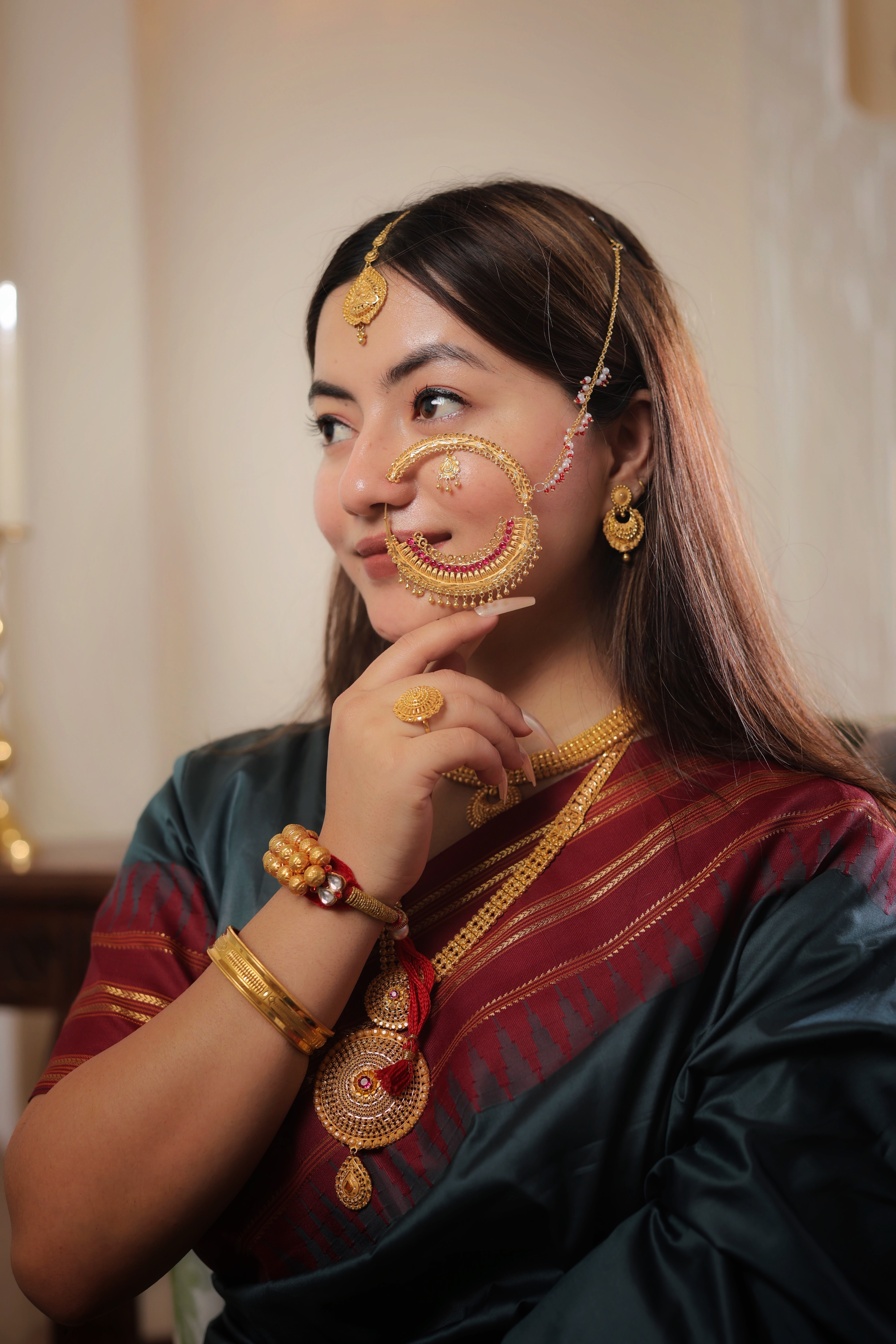 Grand 22K Gold Traditional Bridal Nath with Elaborate Filigree and Chain