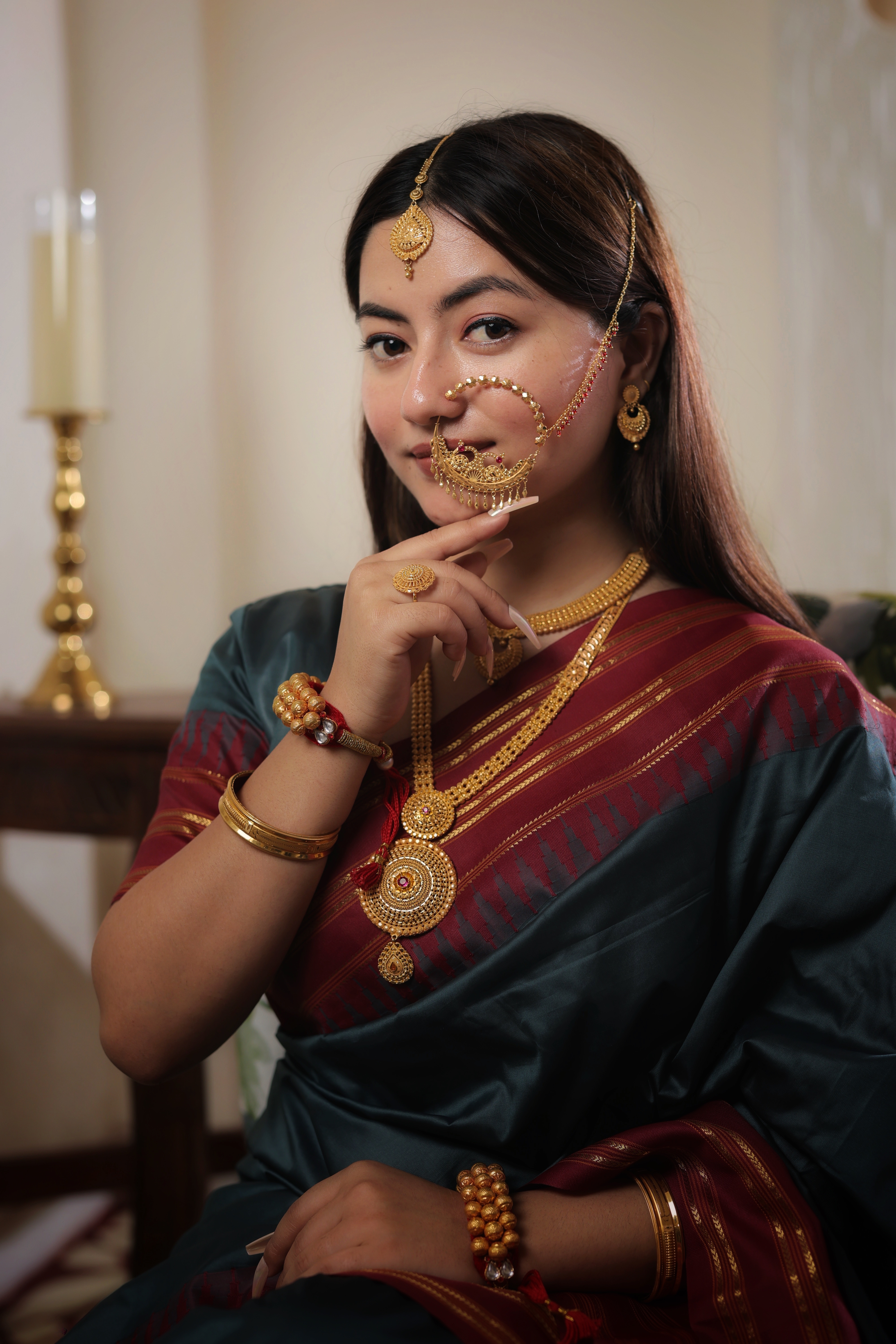 Grand 22K Gold Traditional Bridal Nath with Red Accent Band and Chain