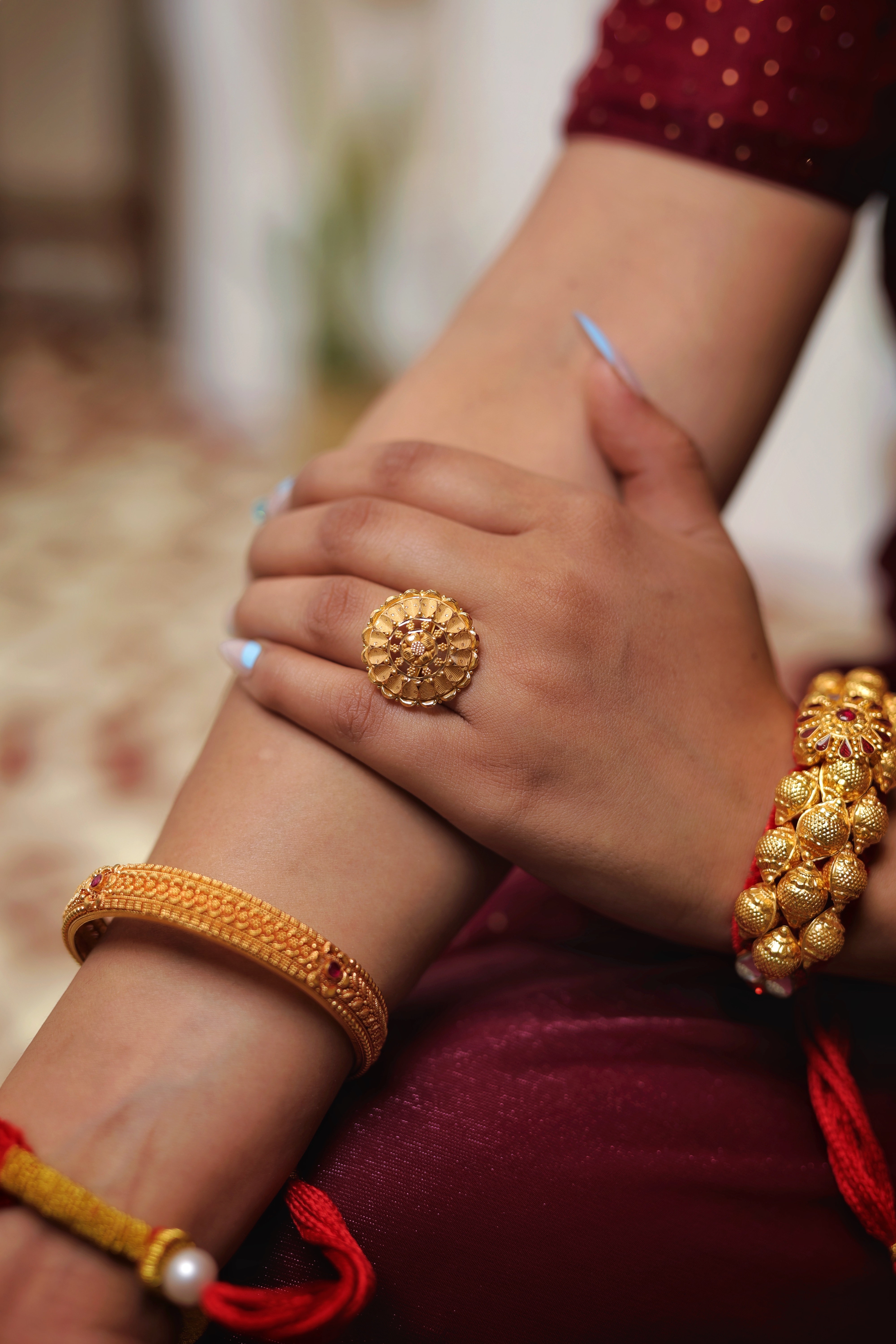 22K Gold Grand Floral Motif Cocktail Ring with Layered Petals