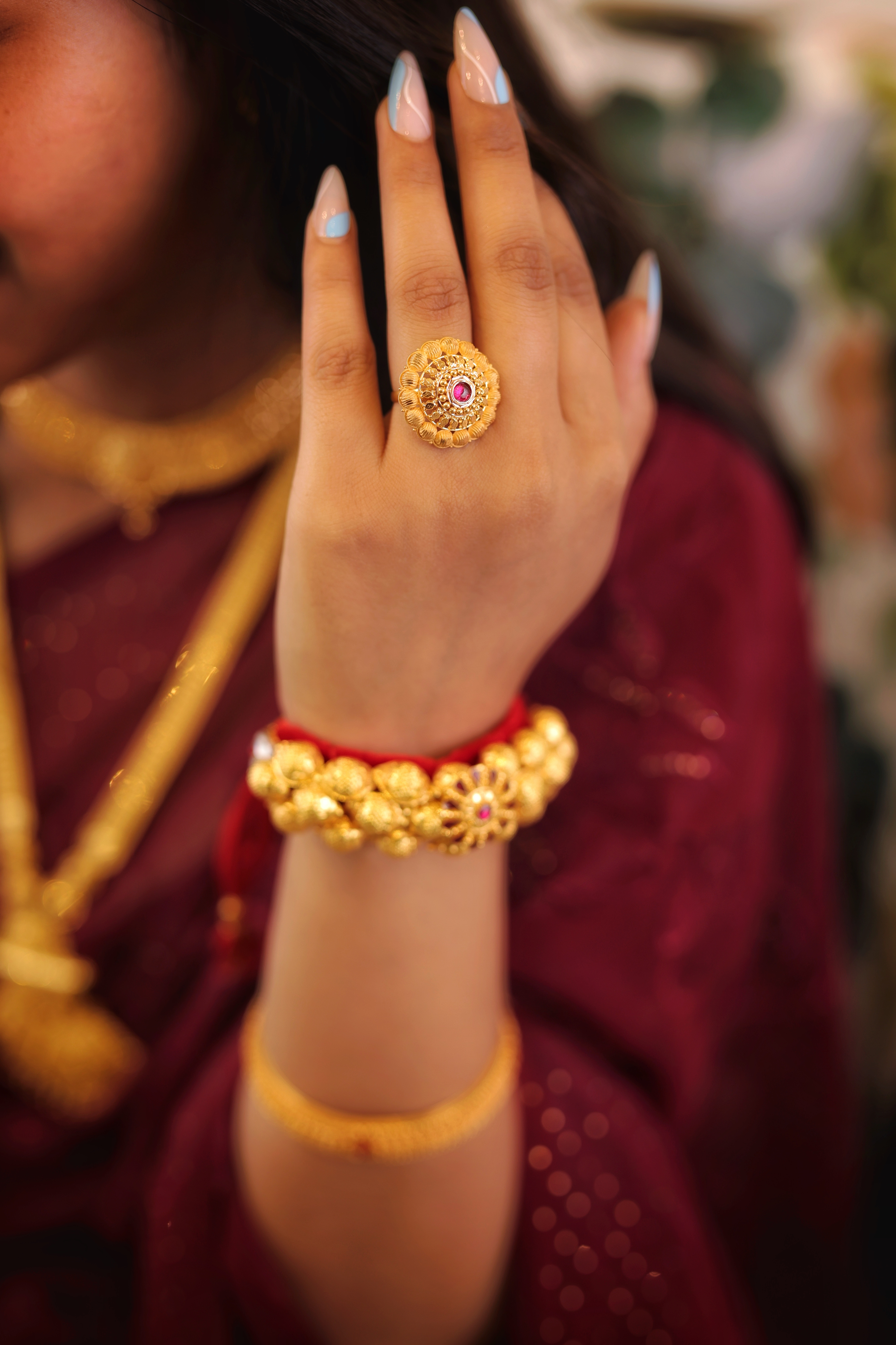 Traditional Dome Cocktail Ring with Red Stone and Filigree Border