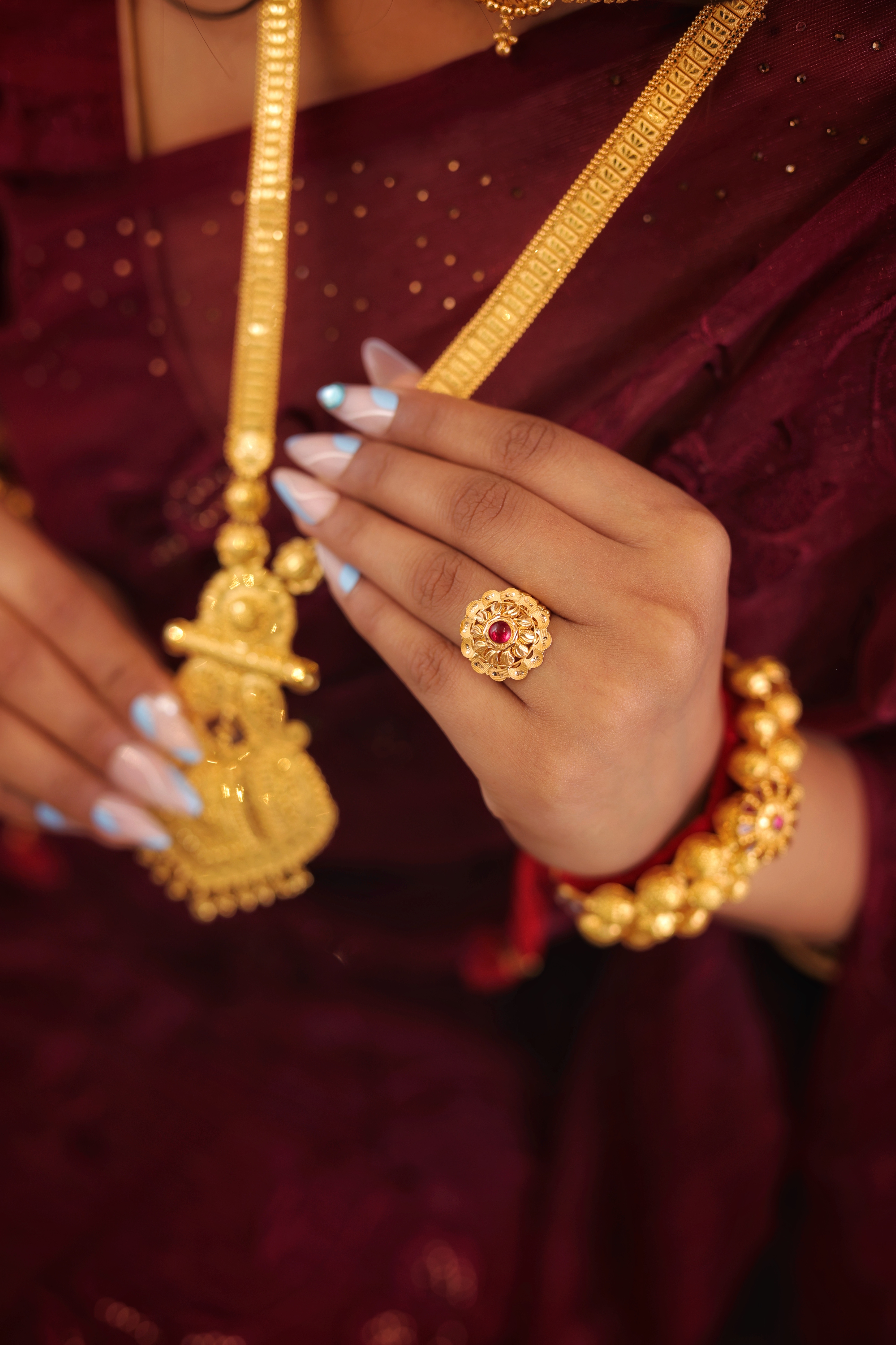 Traditional Dome Cocktail Ring with Central Ruby and Layered Filigree