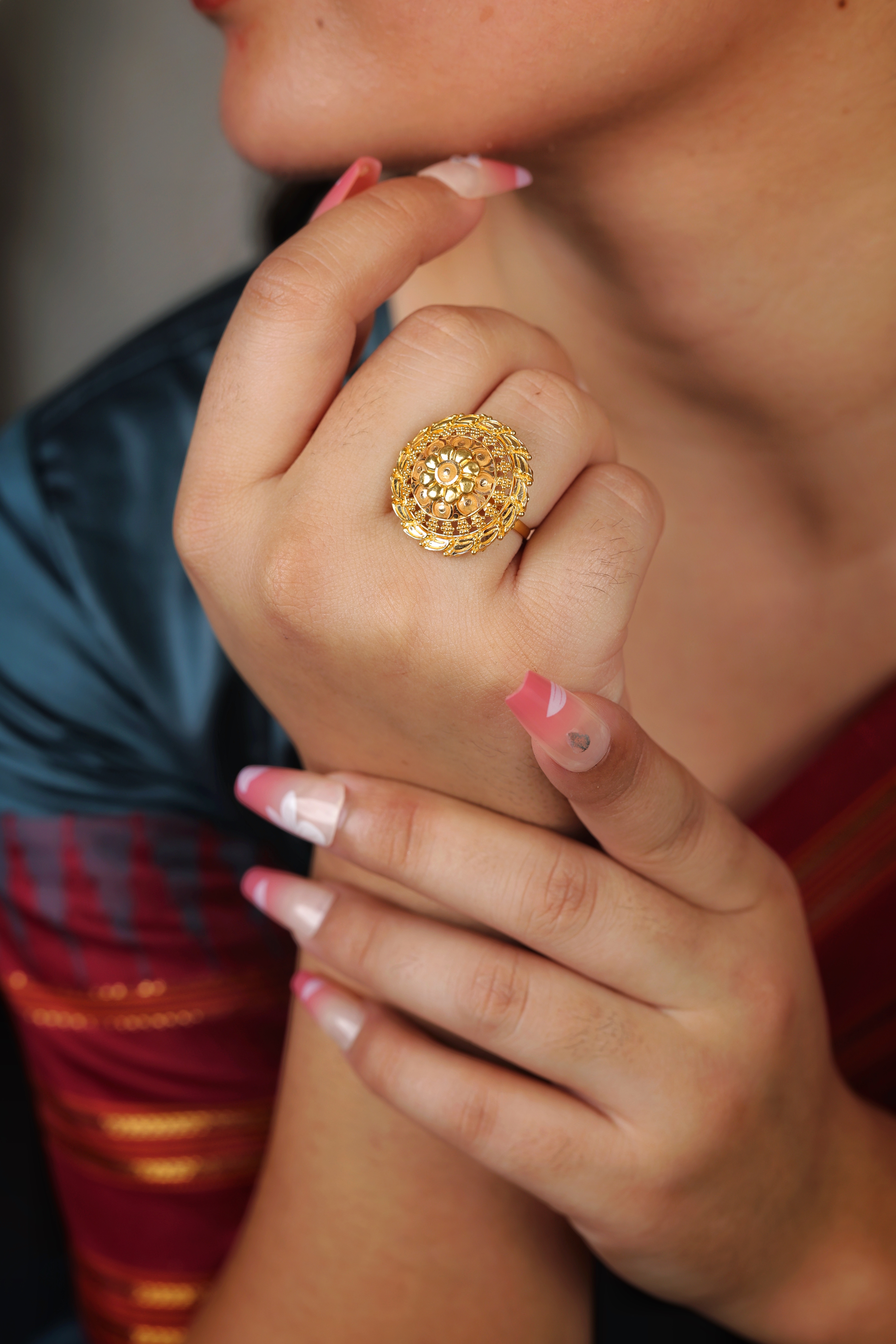 Traditional Dome Cocktail Ring with Intricate Granulation and Floral Motifs