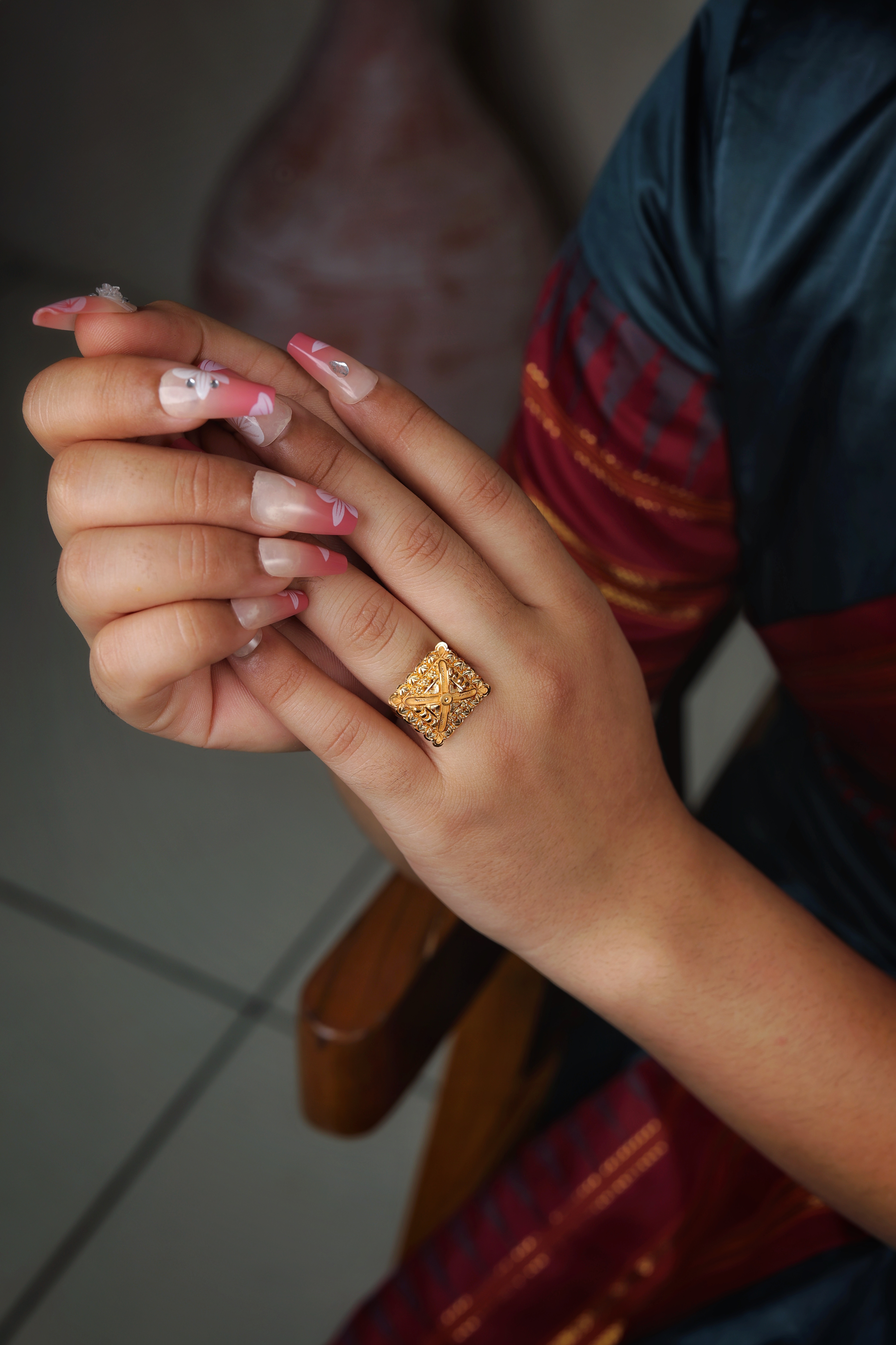 Traditional Square Cocktail Ring with Textured Goldwork and Dome Profile