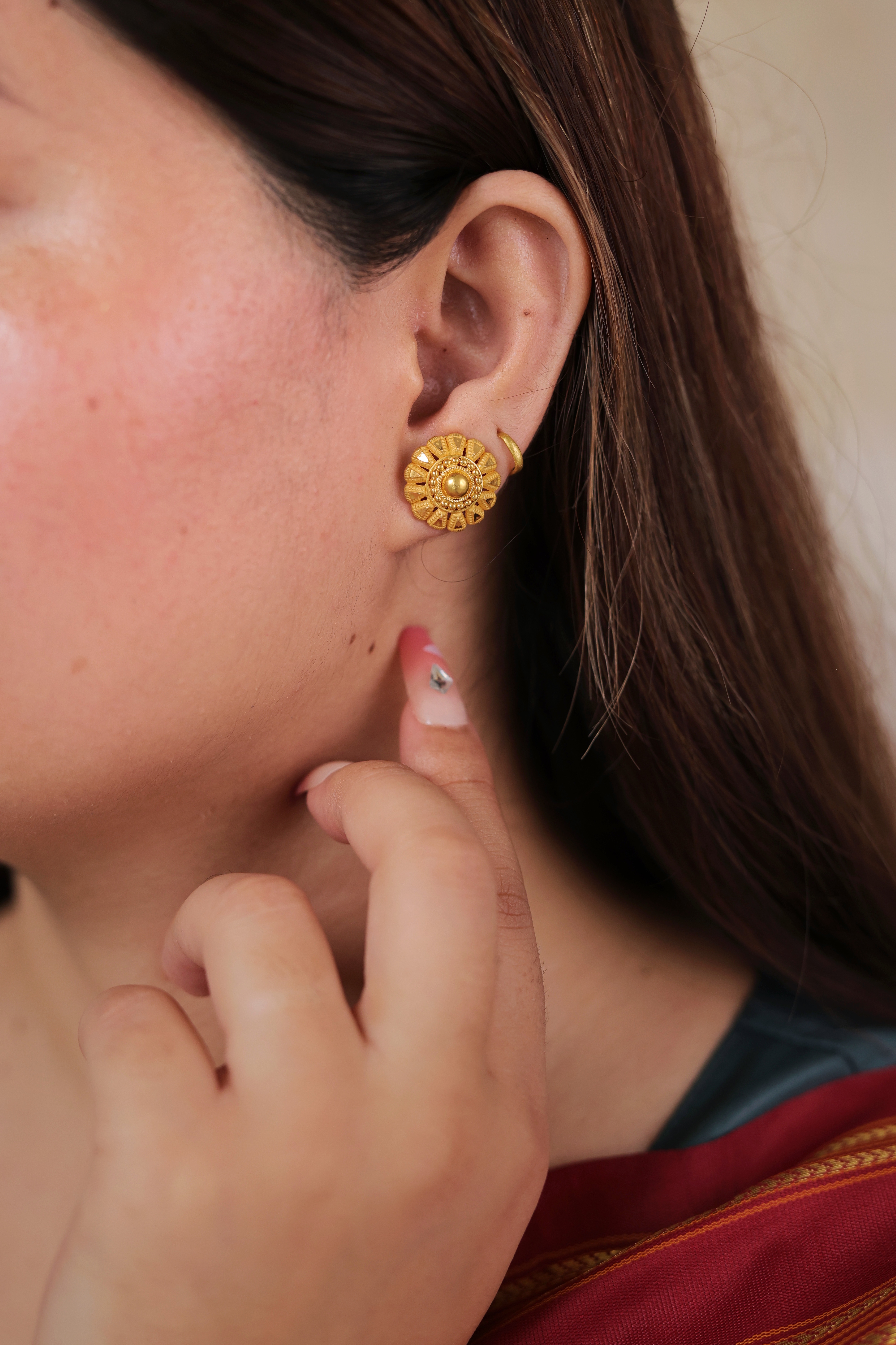 Traditional Flower Motif Gold Stud Earrings