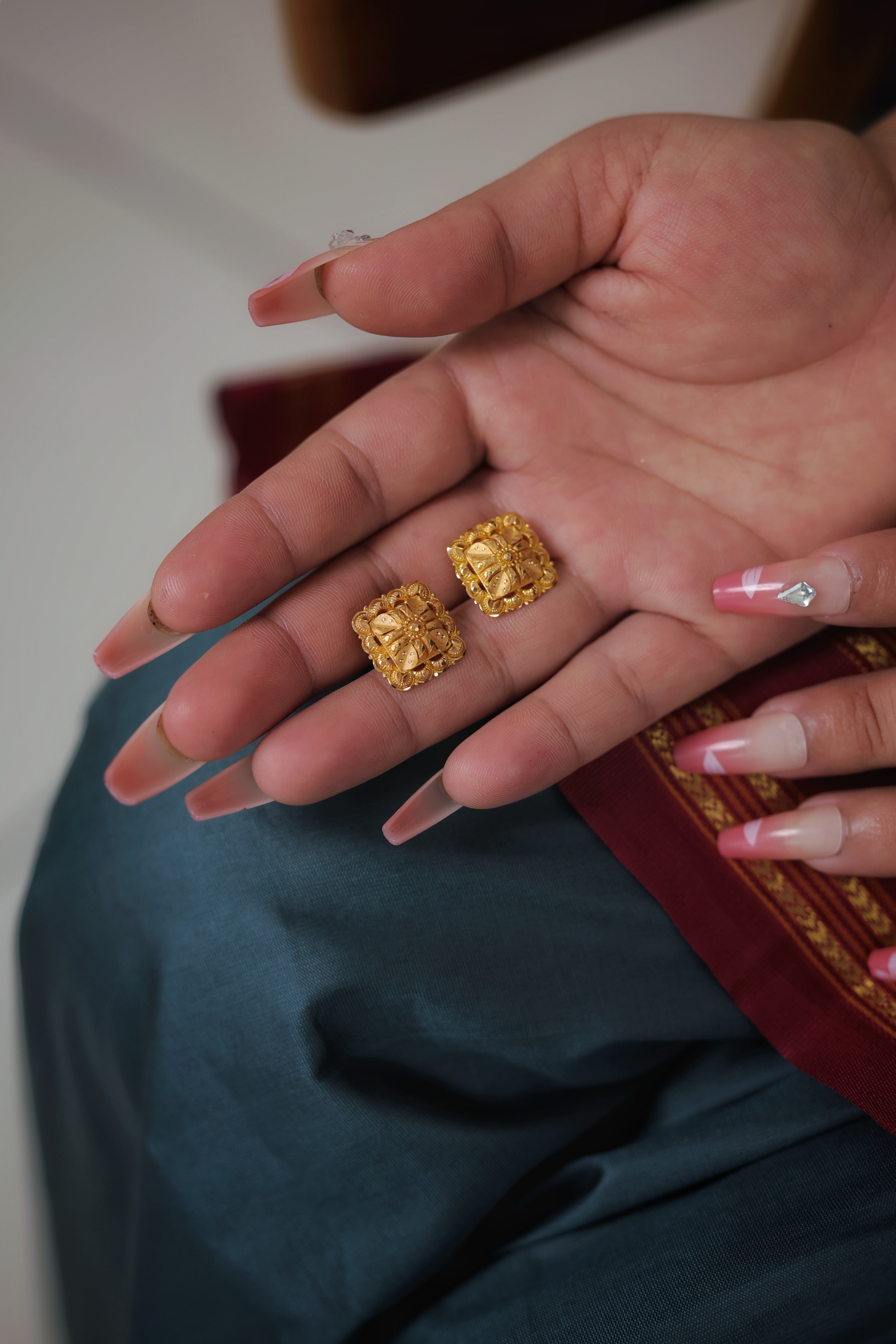 Traditional Square Gold Stud Earrings with Floral Motif
