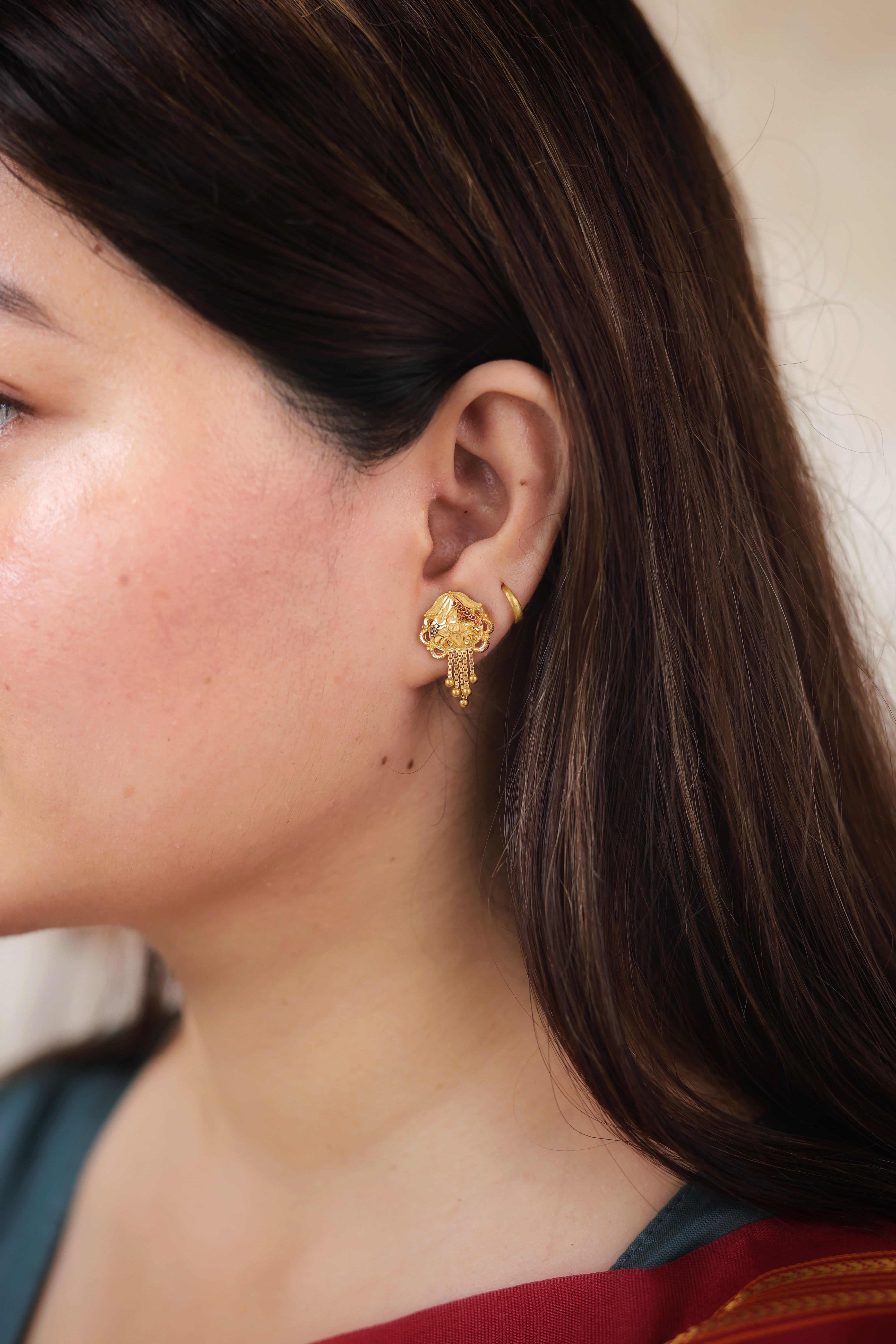 Traditional Dome Gold Stud Earrings with Cascading Drops