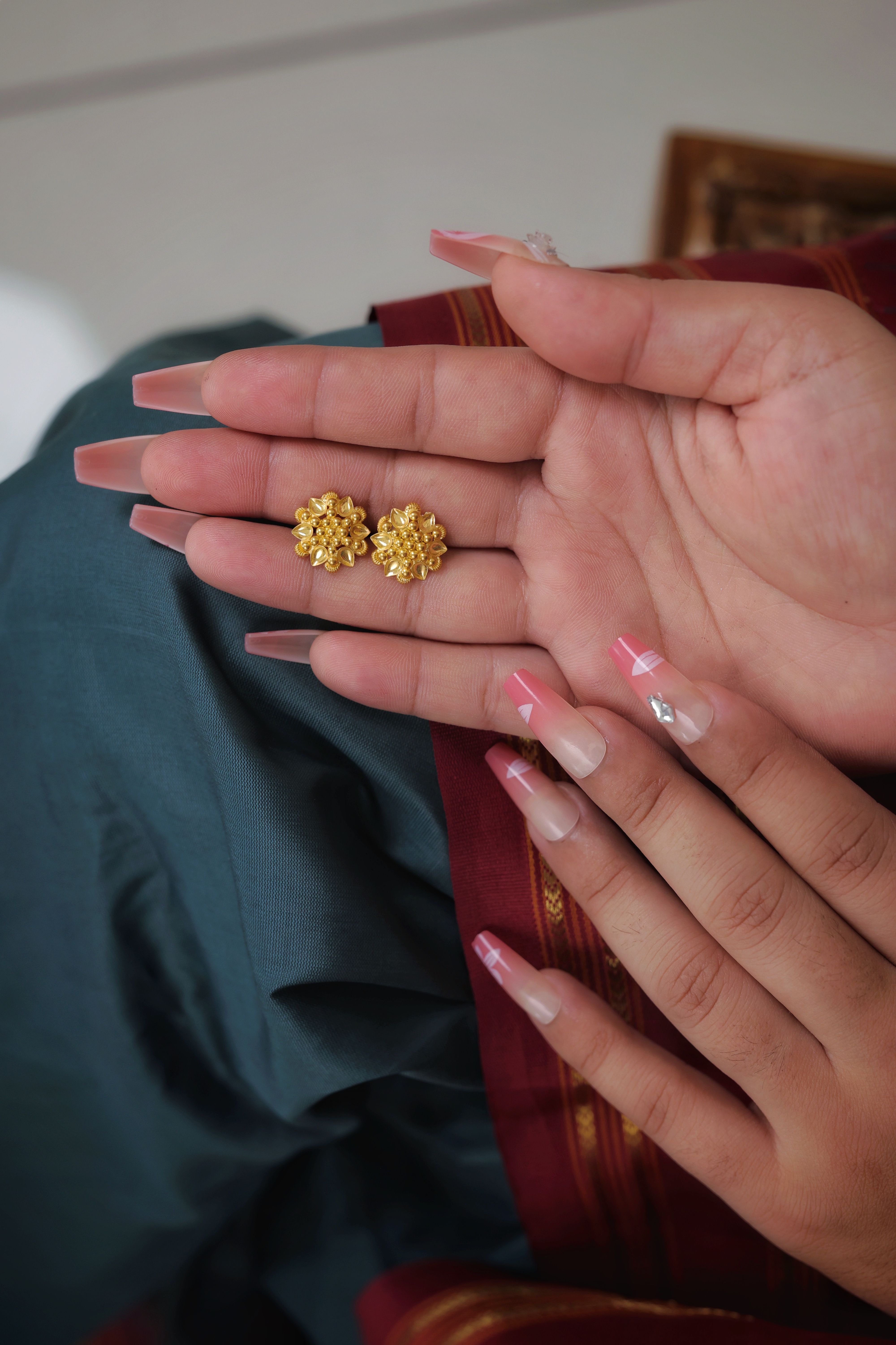 Traditional Textured Flower Gold Stud Earrings
