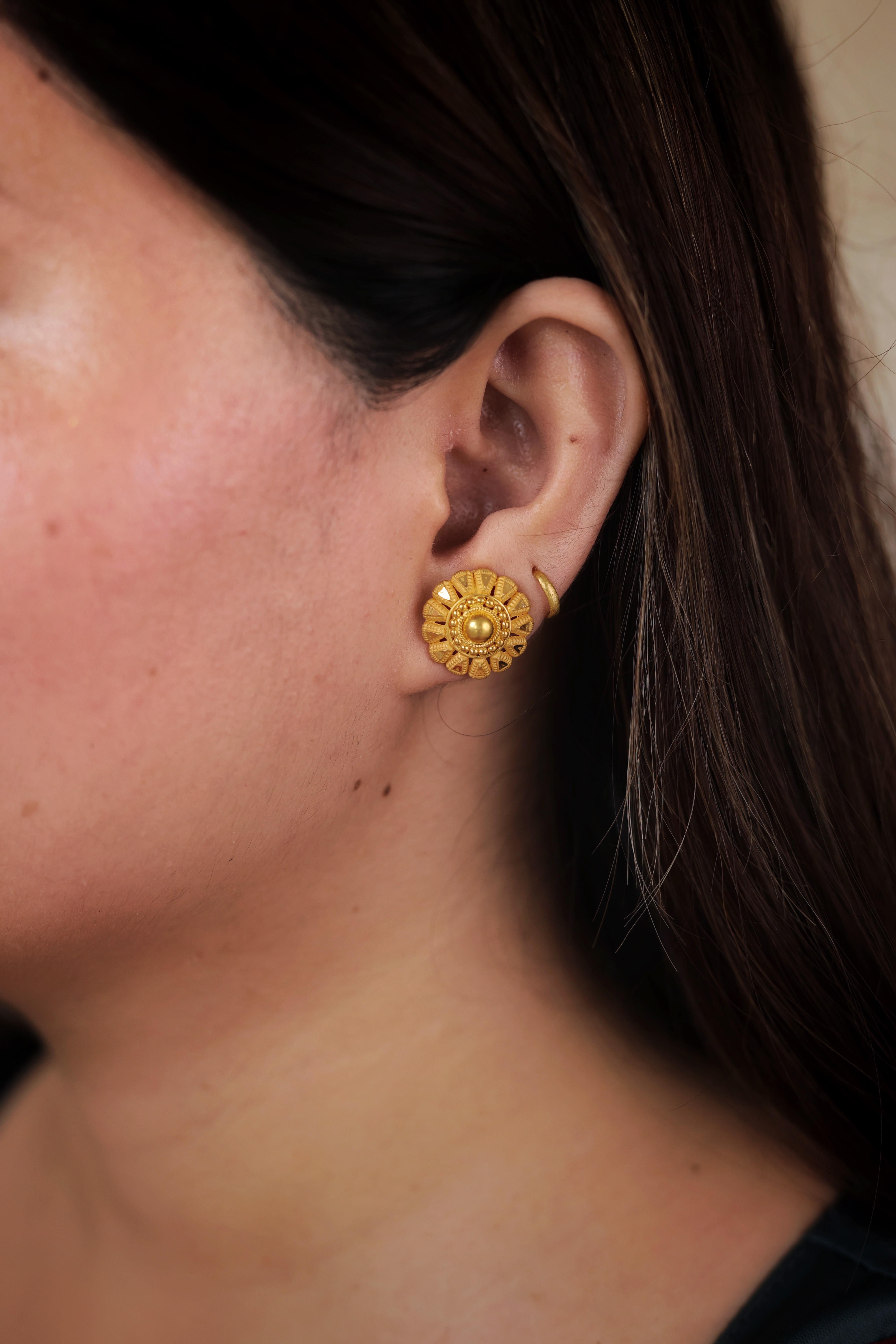 Traditional Flower Motif Gold Stud Earrings