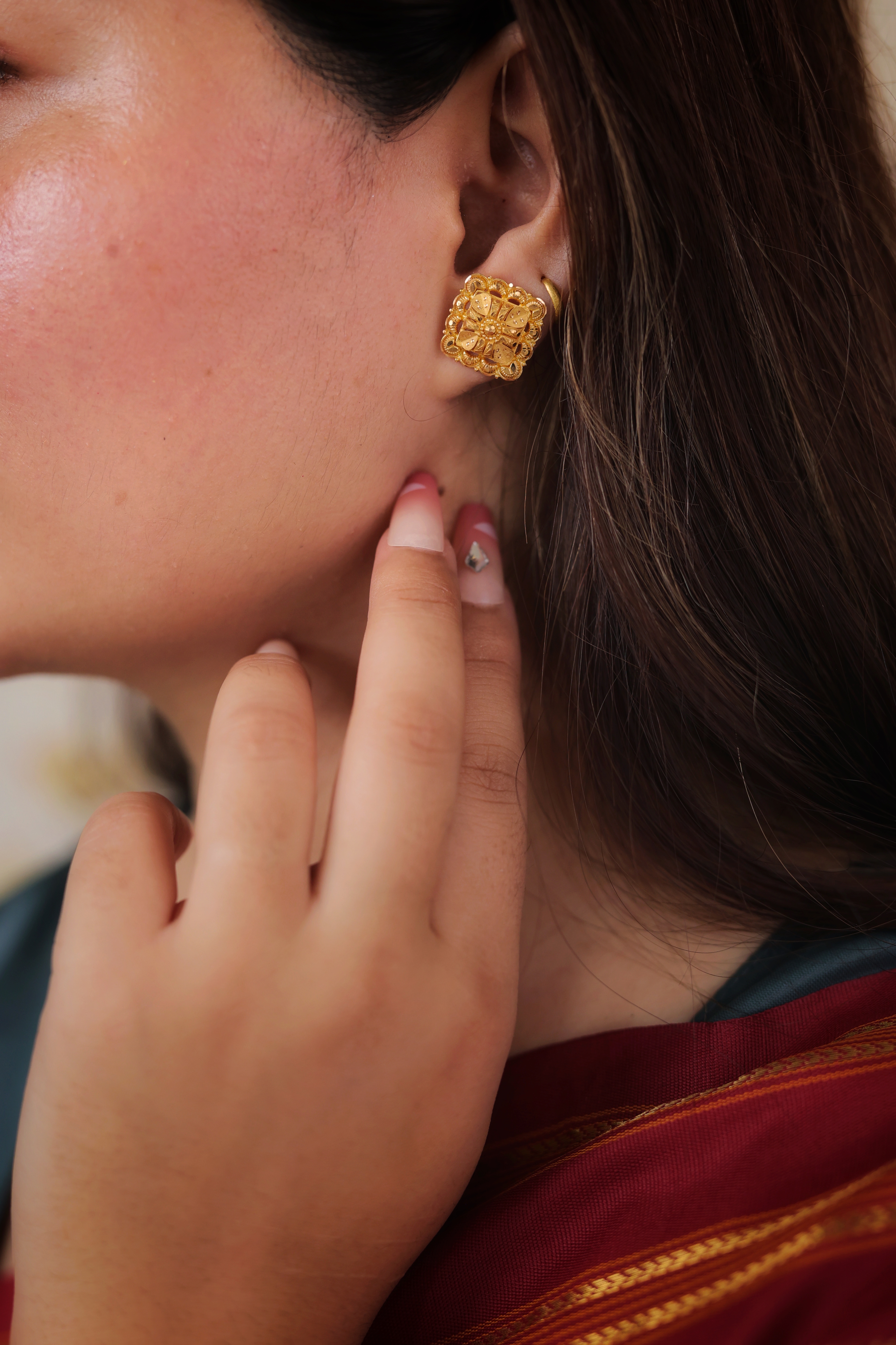 Traditional Square Gold Stud Earrings with Floral Motif