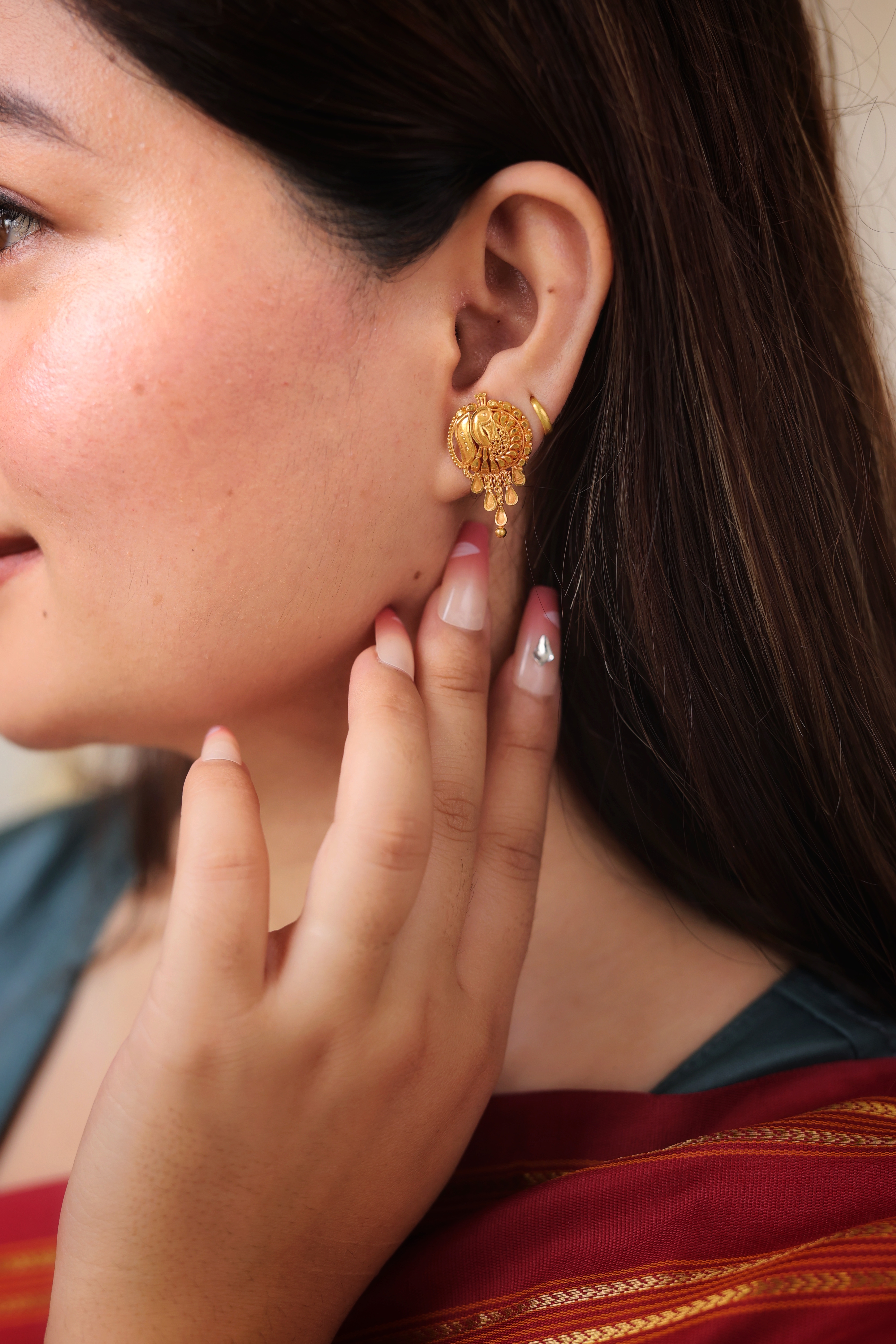 Traditional Dome Gold Stud Earrings with Dangling Drops