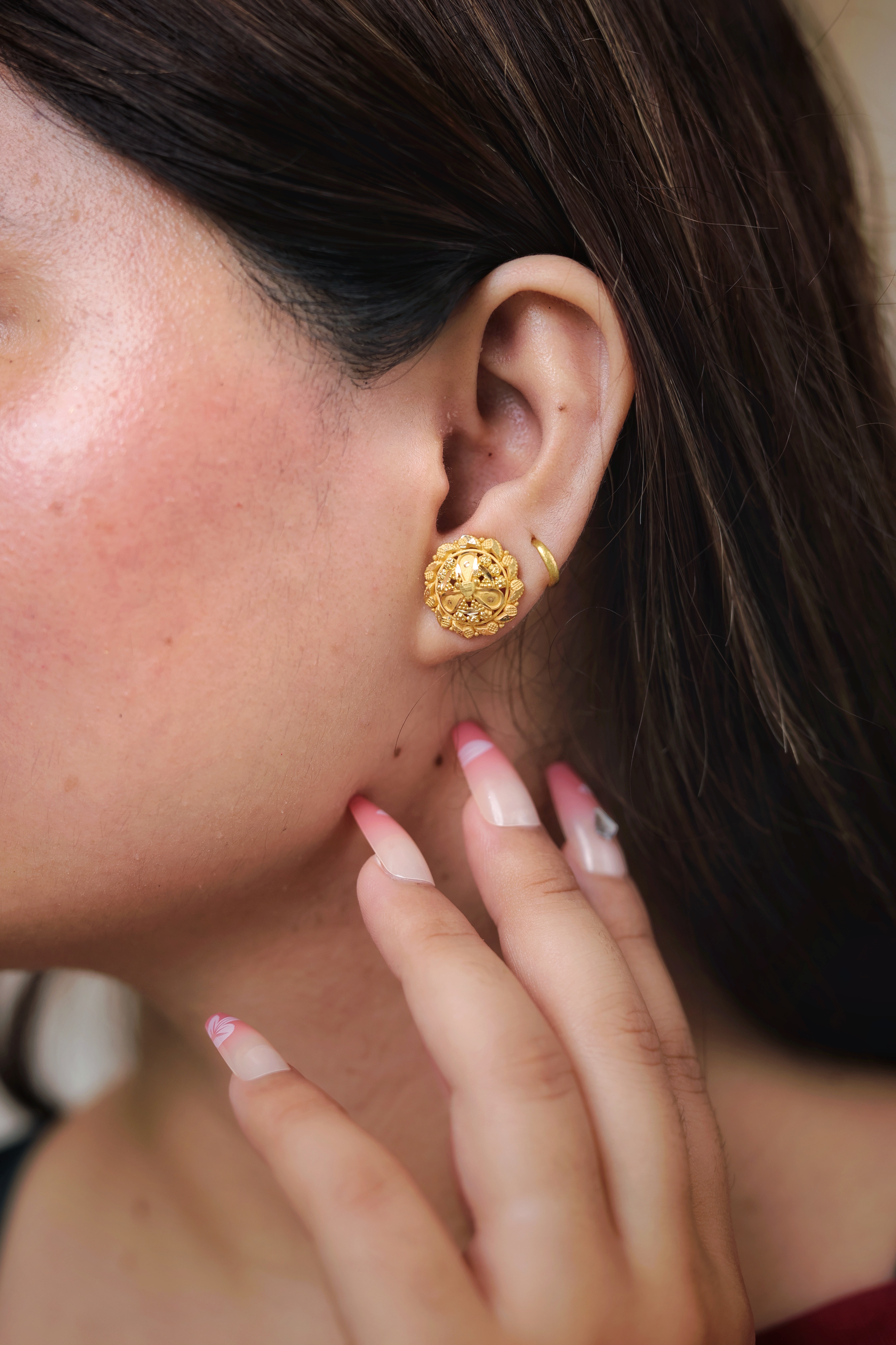 Traditional Dome Gold Stud Earrings with Intricate Filigree and Granulation