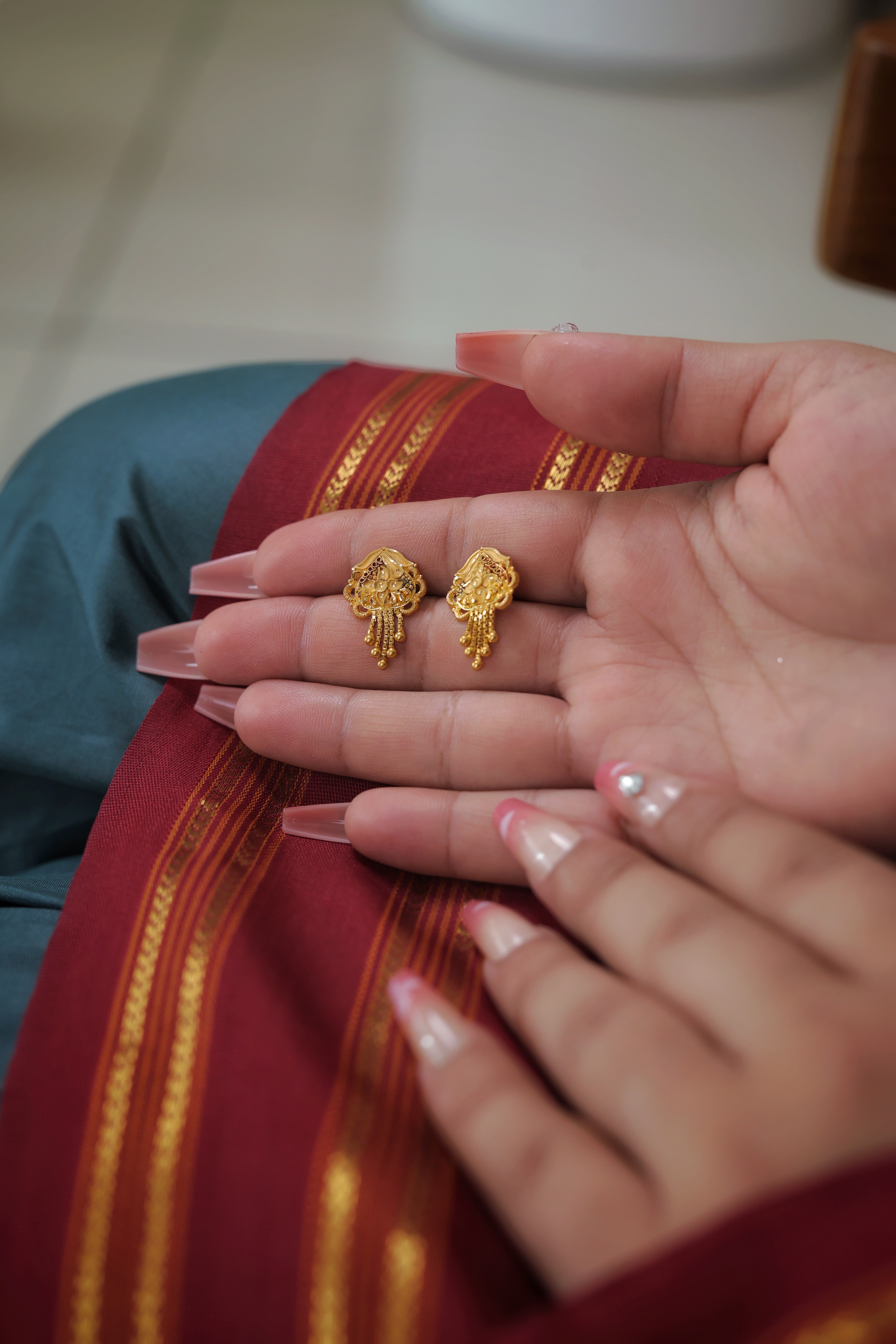 Traditional Dome Gold Stud Earrings with Cascading Drops