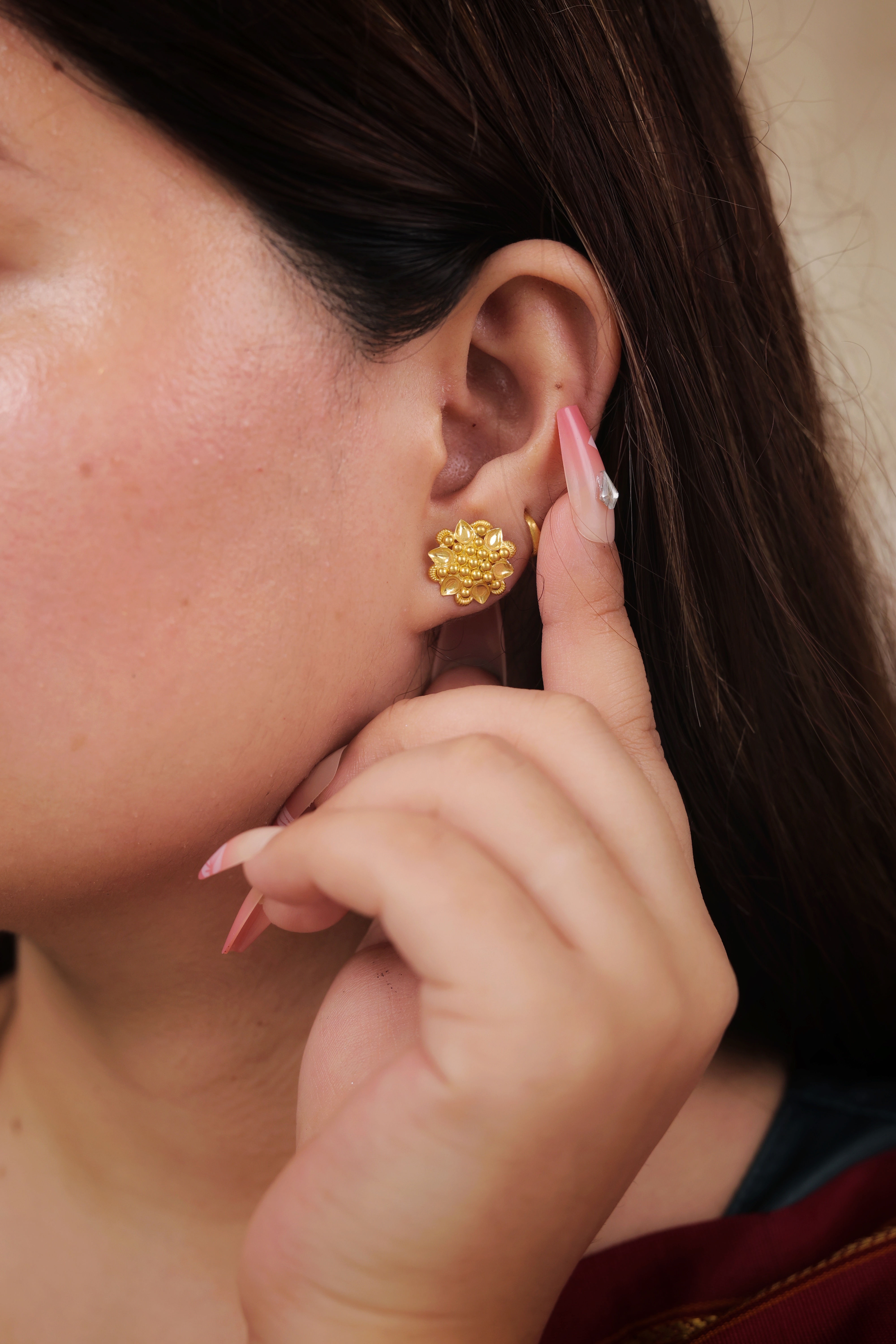 Traditional Textured Flower Gold Stud Earrings