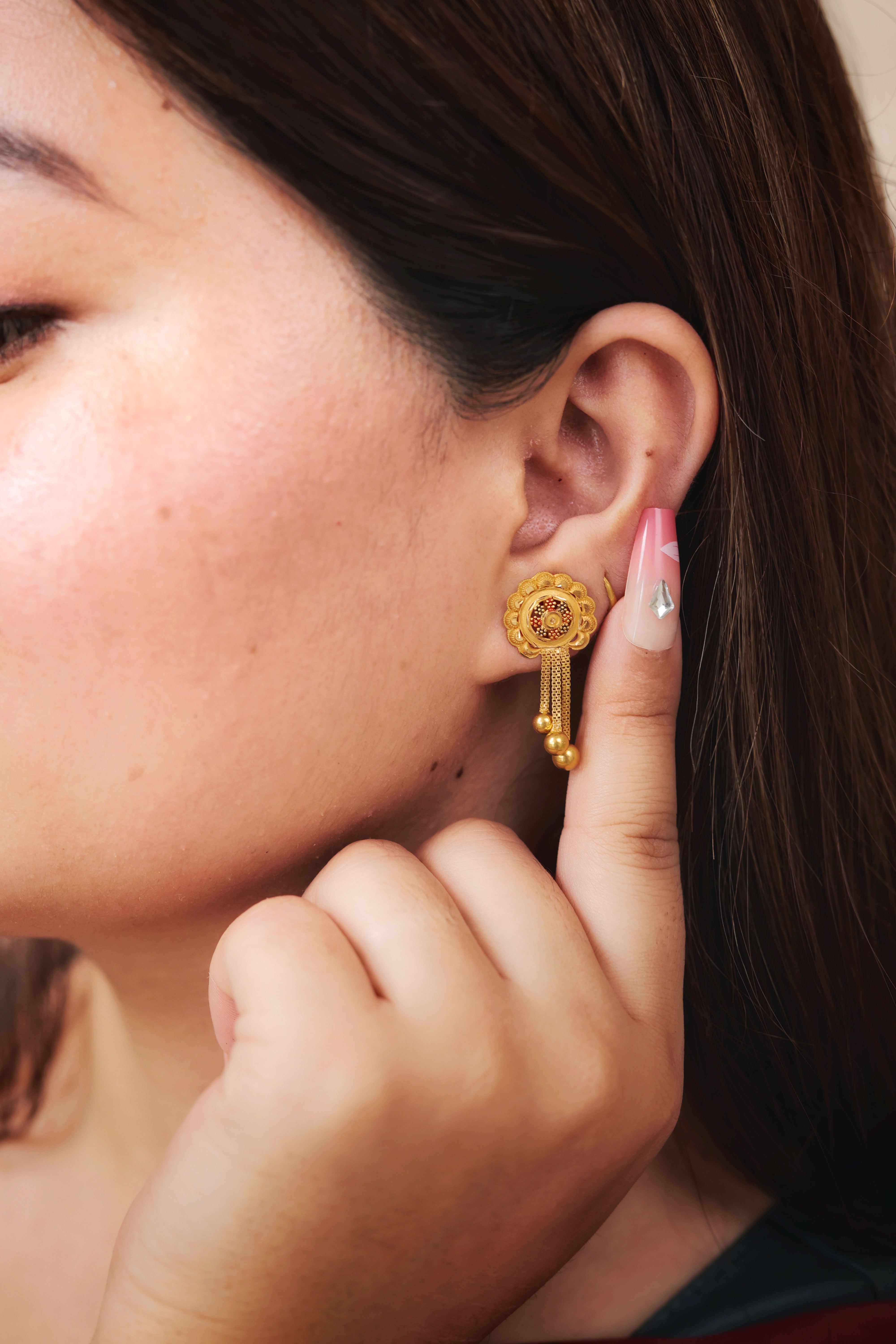 Traditional Flower Gold Stud Earrings with Red Accents and Dangling Gold Balls